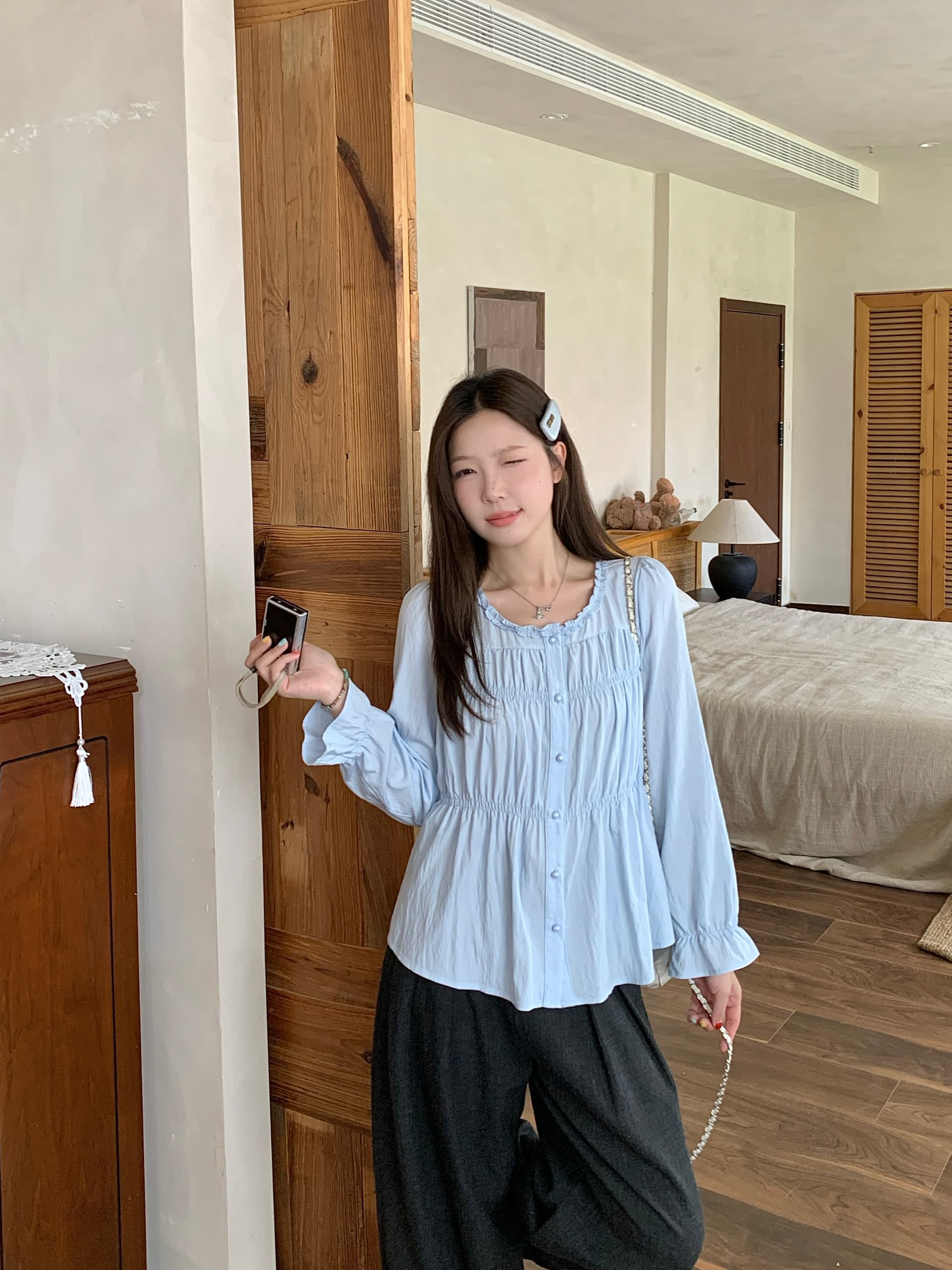 실사 2026 가을 의상 새로운 지방 mm 빅 사이즈 프랑스식 달콤함 프릴 긴팔 셔츠 디자인 센스 주름 맨위 상세 이미지 9