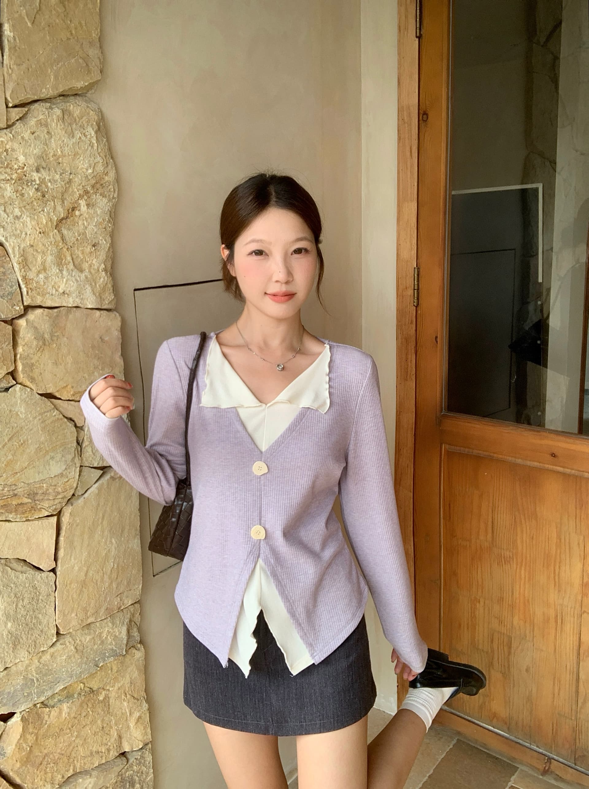 실사 2026 가을 새로운 지방 mm 빅 사이즈 프랑스식 디자인 센스 페이크 레이어드 긴팔 티셔츠 허리 수축 슬림해 보이는 맨위 상세 이미지 9