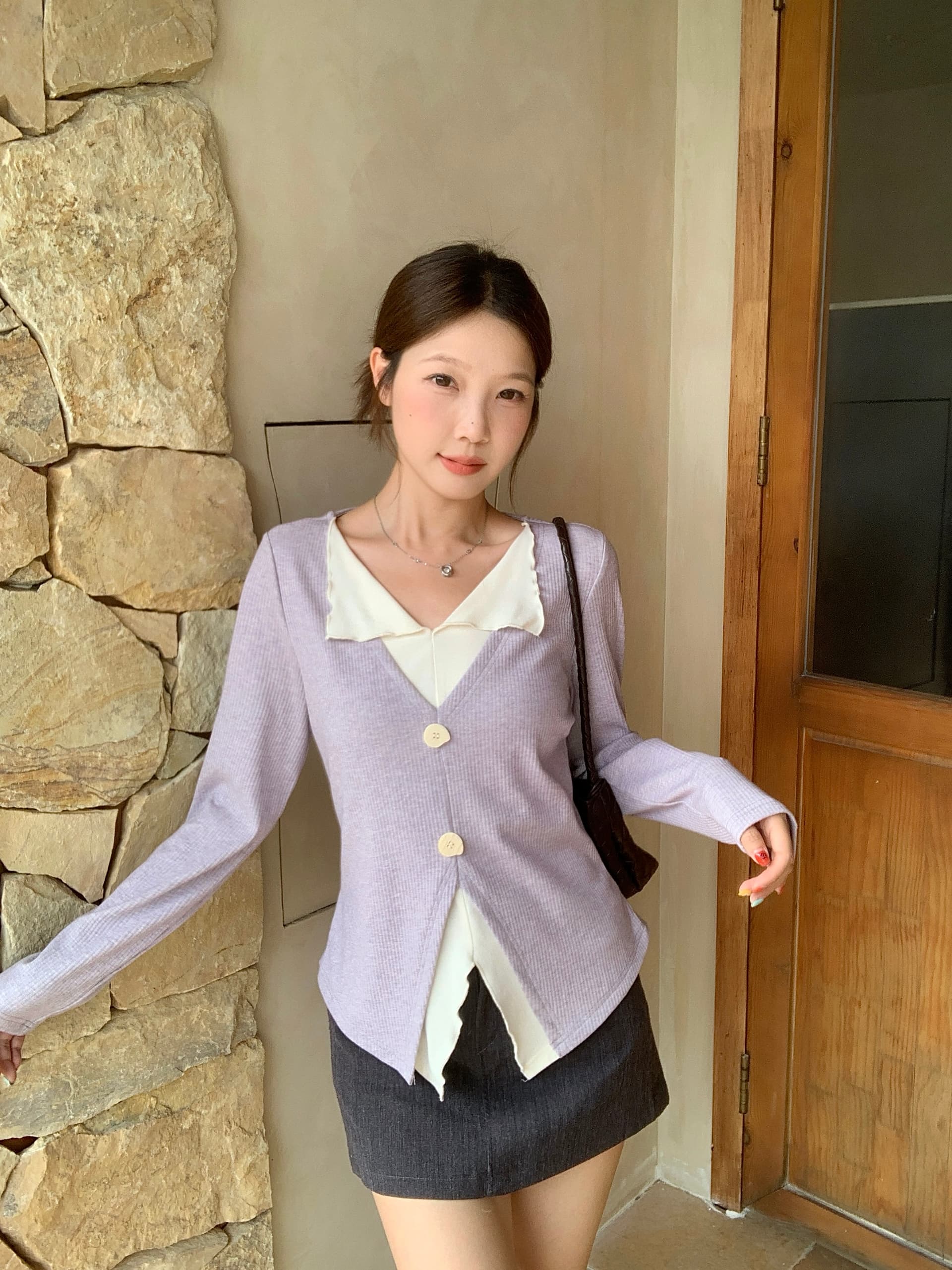 실사 2026 가을 새로운 지방 mm 빅 사이즈 프랑스식 디자인 센스 페이크 레이어드 긴팔 티셔츠 허리 수축 슬림해 보이는 맨위 상세 이미지 10