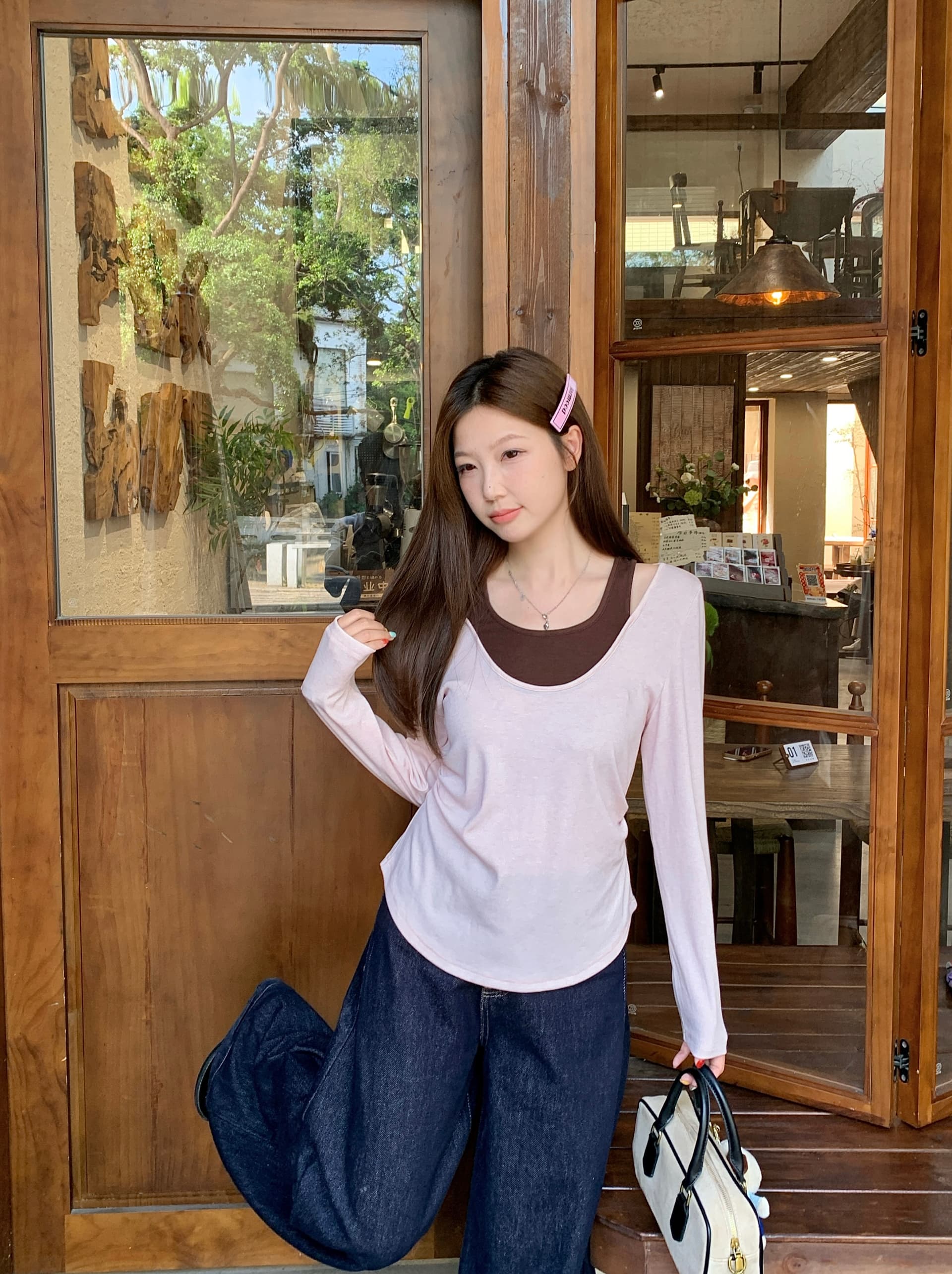 실사 2026 가을 새로운 지방 mm 빅 사이즈 한 부서 페이크 레이어드 긴팔 티셔츠 디자인 센스 홀로우 아웃 몸매 가꾸기 맨위 상세 이미지 25