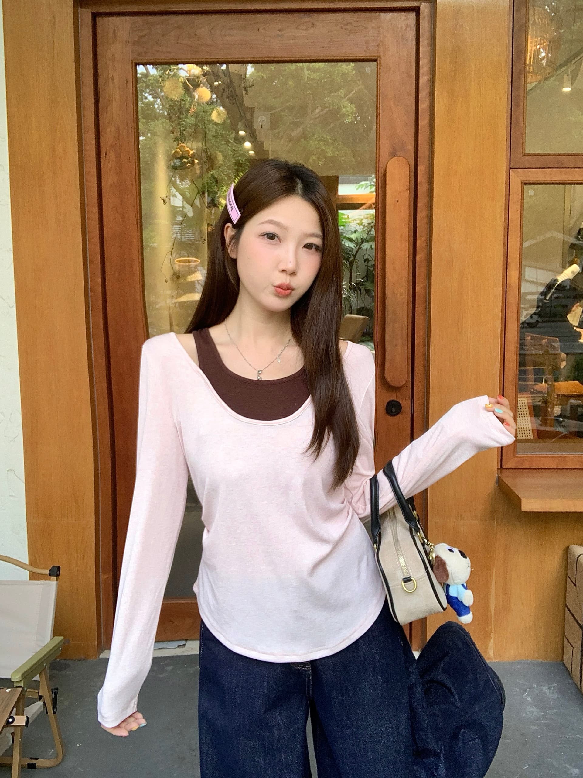 실사 2026 가을 새로운 지방 mm 빅 사이즈 한 부서 페이크 레이어드 긴팔 티셔츠 디자인 센스 홀로우 아웃 몸매 가꾸기 맨위 상세 이미지 30