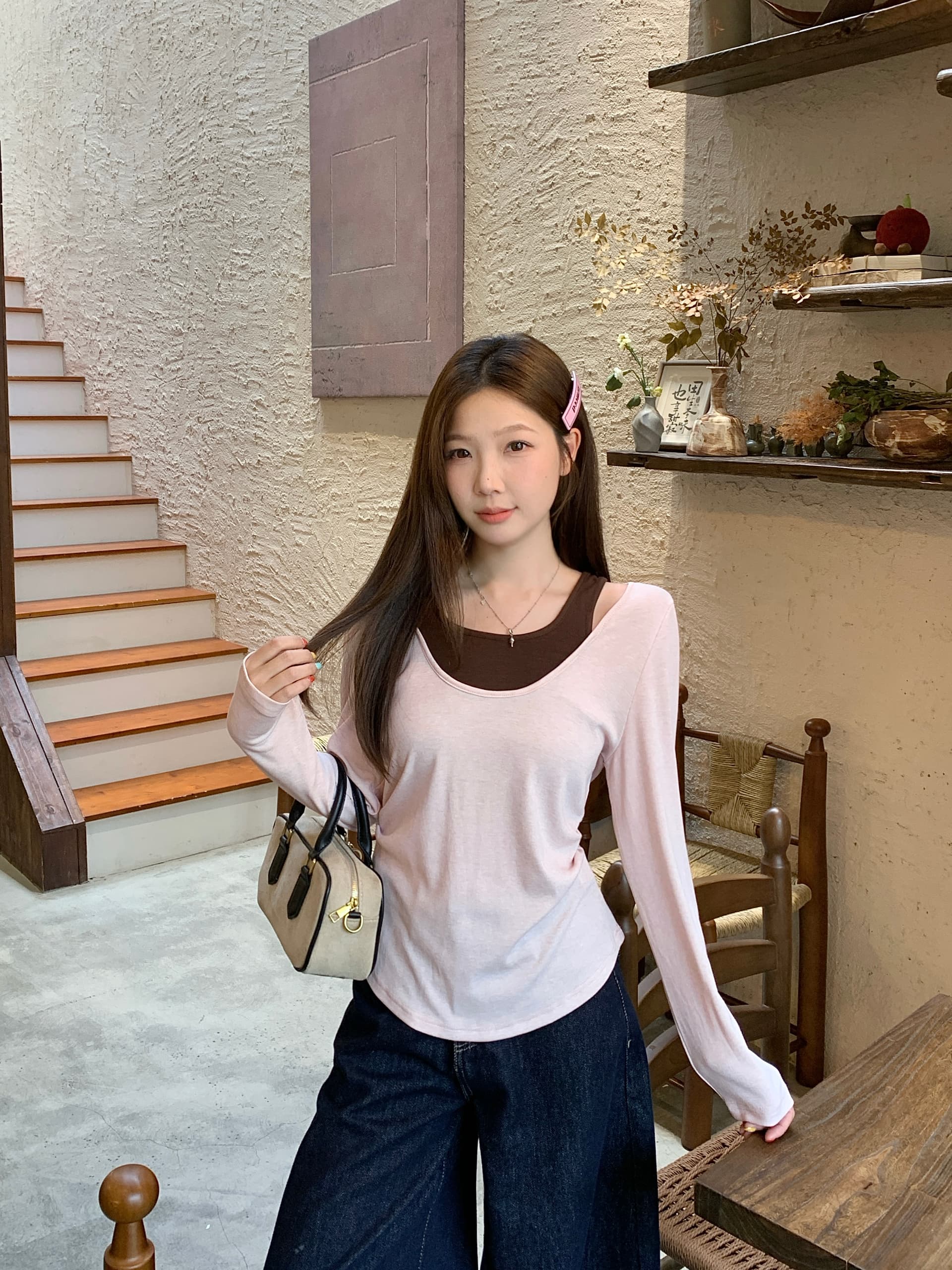 실사 2026 가을 새로운 지방 mm 빅 사이즈 한 부서 페이크 레이어드 긴팔 티셔츠 디자인 센스 홀로우 아웃 몸매 가꾸기 맨위 상세 이미지 32