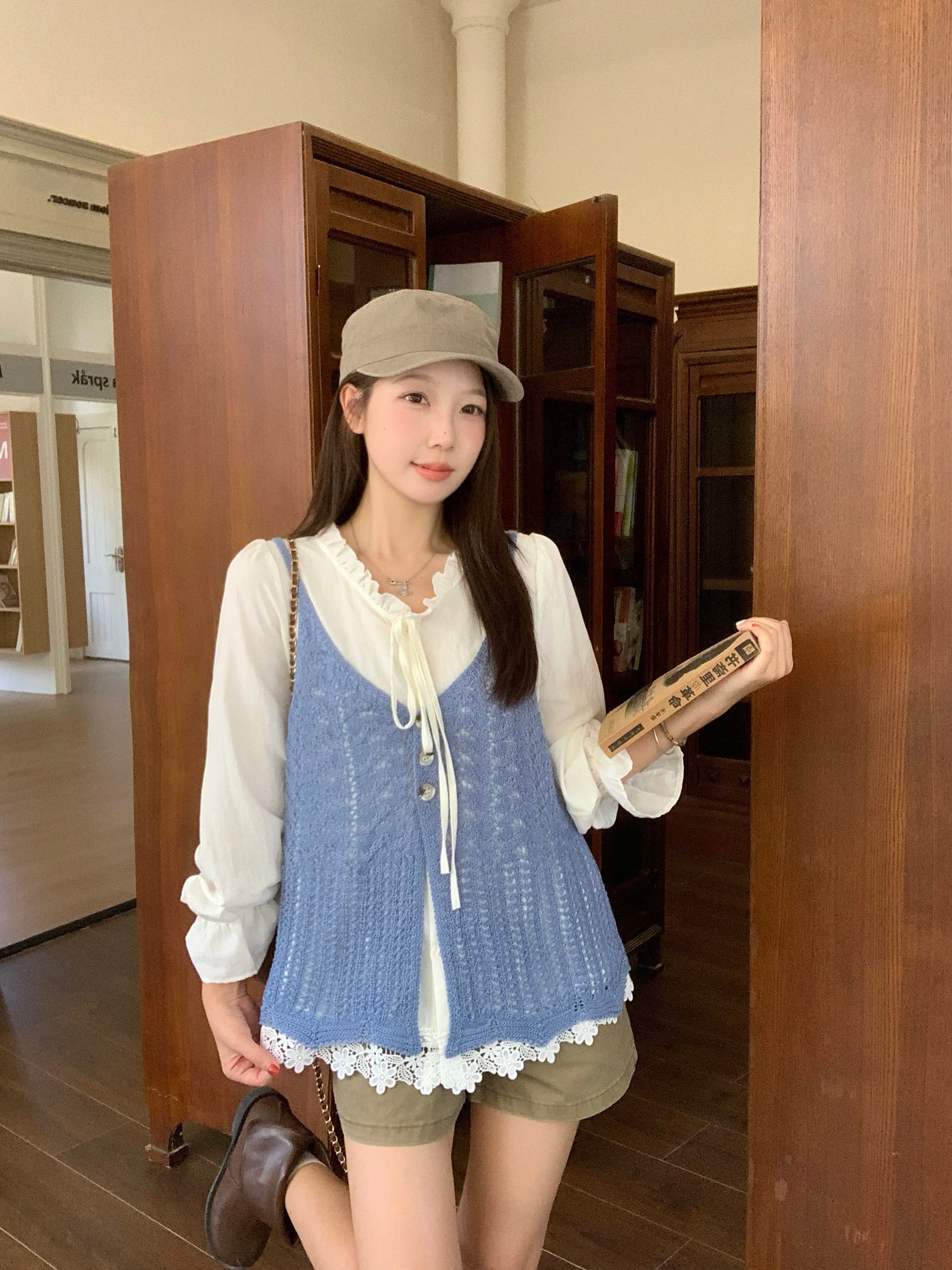 실사 2026 가을 의상 새로운 지방 mm 스택 착용 니트 조끼 베스트 프랑스식 레이스 측면 셔츠 한 부서 투피스 세트 이미지 2