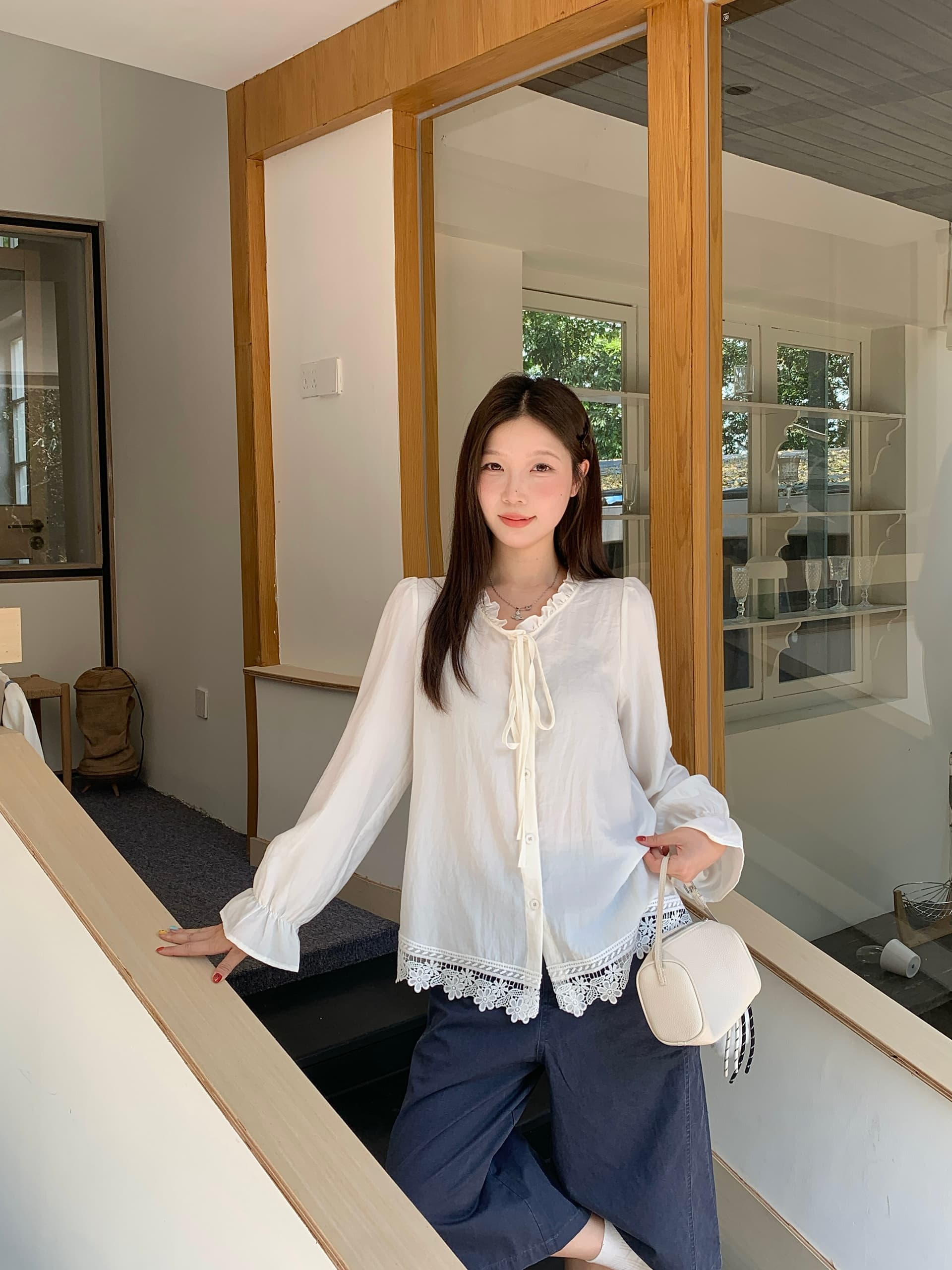 실사 2026 가을 의상 새로운 지방 mm 스택 착용 니트 조끼 베스트 프랑스식 레이스 측면 셔츠 한 부서 투피스 세트 상세 이미지 5