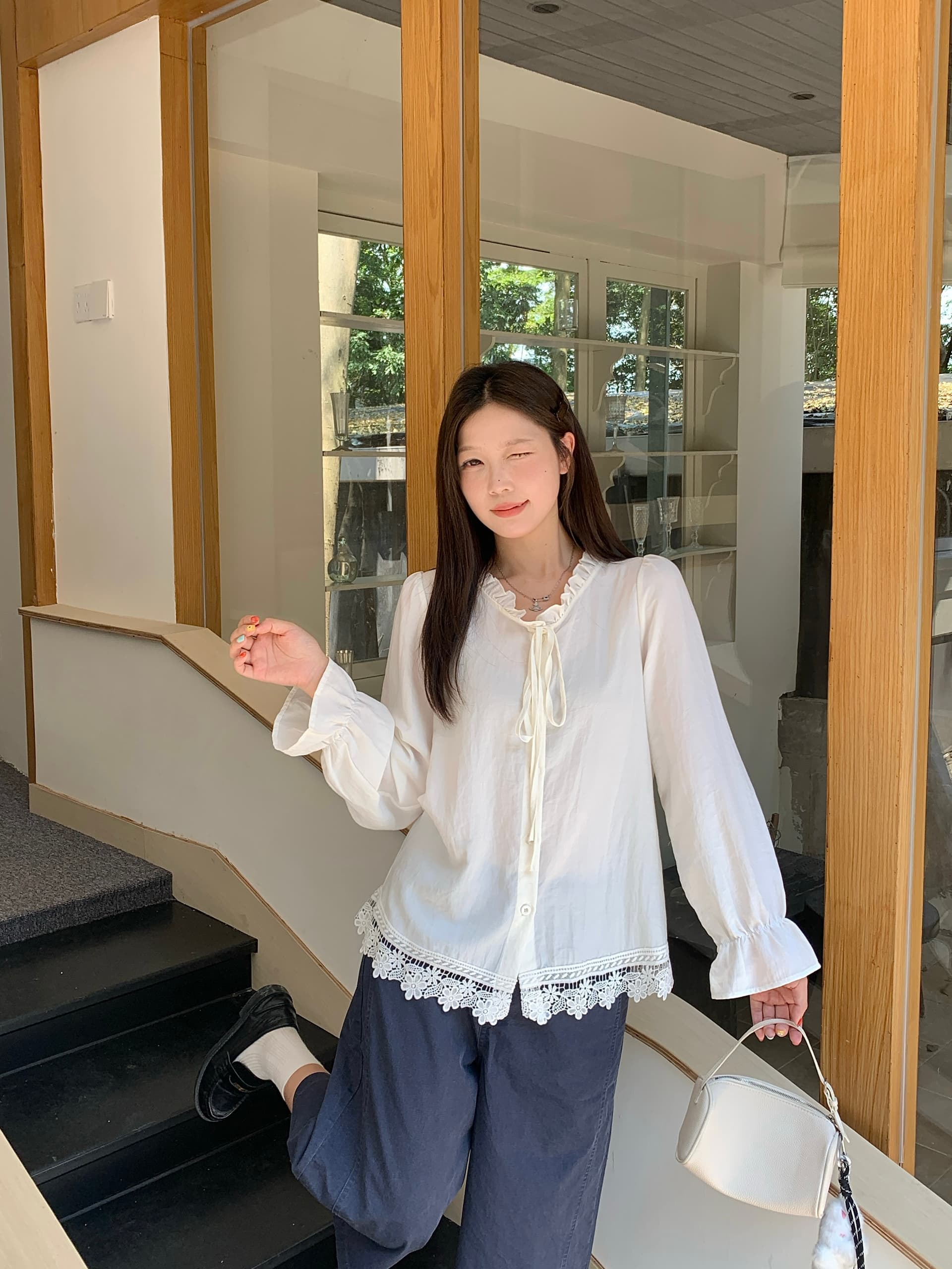 실사 2026 가을 의상 새로운 지방 mm 스택 착용 니트 조끼 베스트 프랑스식 레이스 측면 셔츠 한 부서 투피스 세트 상세 이미지 6