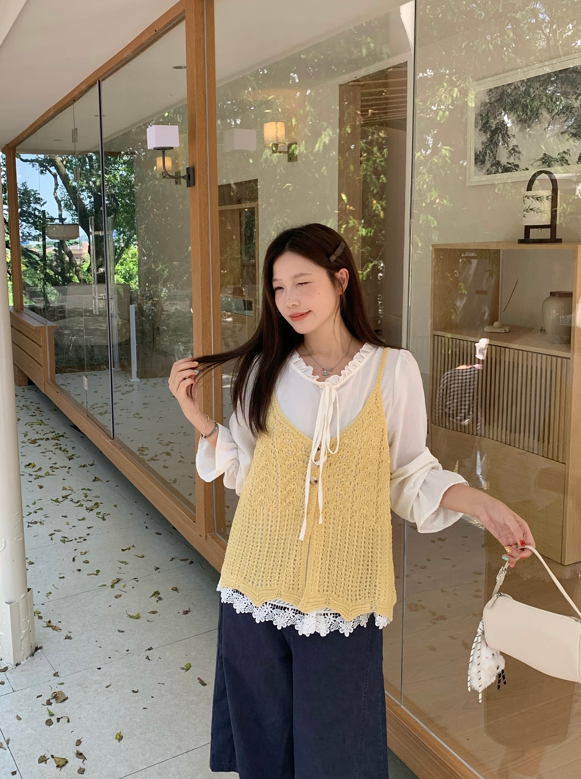 실사 2026 가을 의상 새로운 지방 mm 스택 착용 니트 조끼 베스트 프랑스식 레이스 측면 셔츠 한 부서 투피스 세트 상세 이미지 7