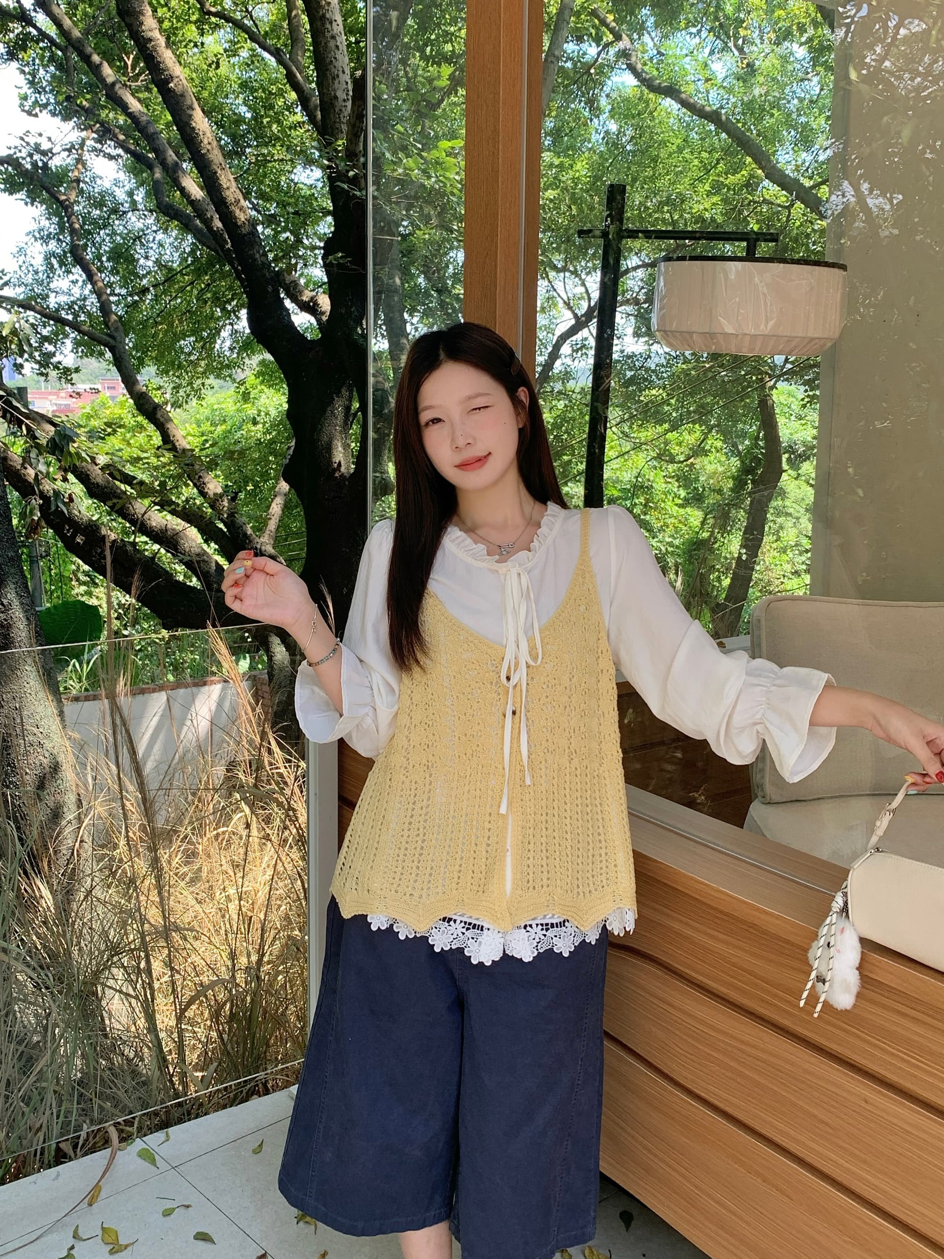 실사 2026 가을 의상 새로운 지방 mm 스택 착용 니트 조끼 베스트 프랑스식 레이스 측면 셔츠 한 부서 투피스 세트 상세 이미지 8