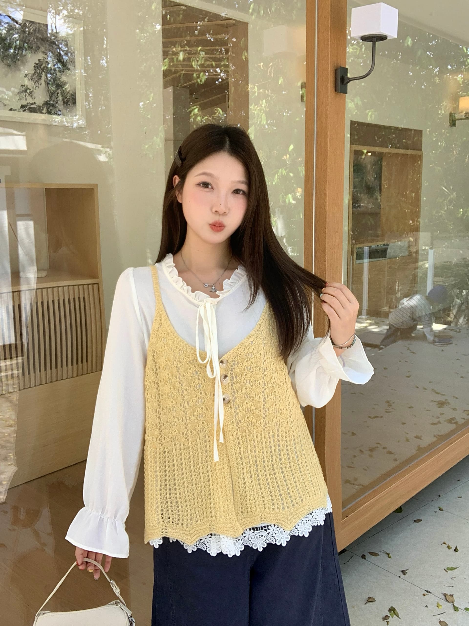 실사 2026 가을 의상 새로운 지방 mm 스택 착용 니트 조끼 베스트 프랑스식 레이스 측면 셔츠 한 부서 투피스 세트 상세 이미지 13