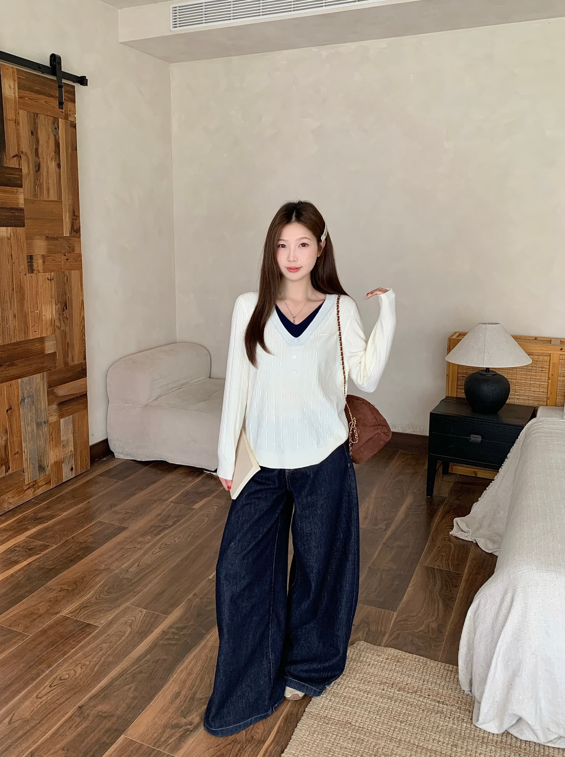 실사 2026 가을 의상 새로운 지방 mm 빅 사이즈 페이크 레이어드 V넥 긴팔 니트 스웨터 한 부서 루즈핏 예쁜 스웨터 상세 이미지 14