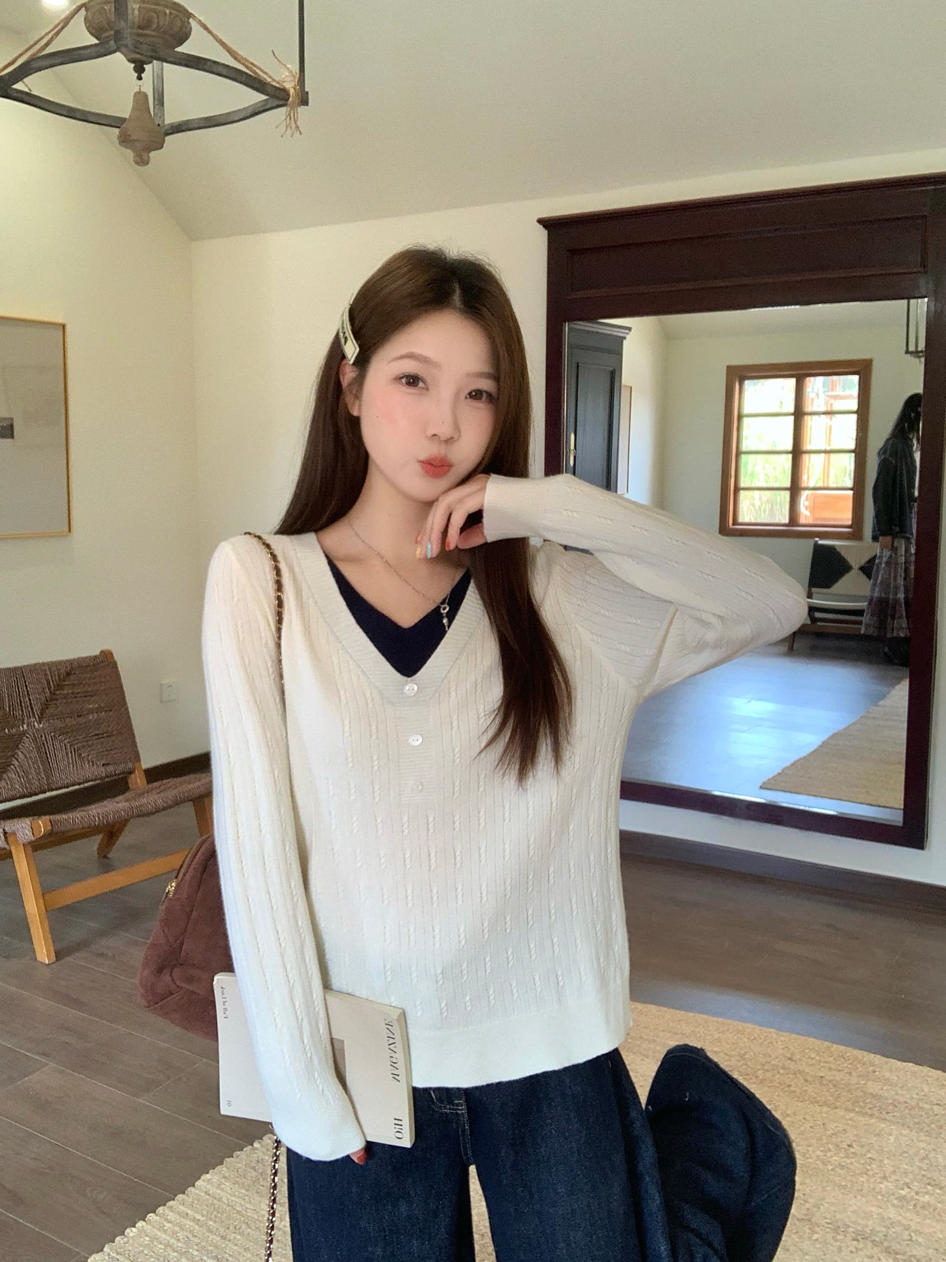 실사 2026 가을 의상 새로운 지방 mm 빅 사이즈 페이크 레이어드 V넥 긴팔 니트 스웨터 한 부서 루즈핏 예쁜 스웨터 상세 이미지 19