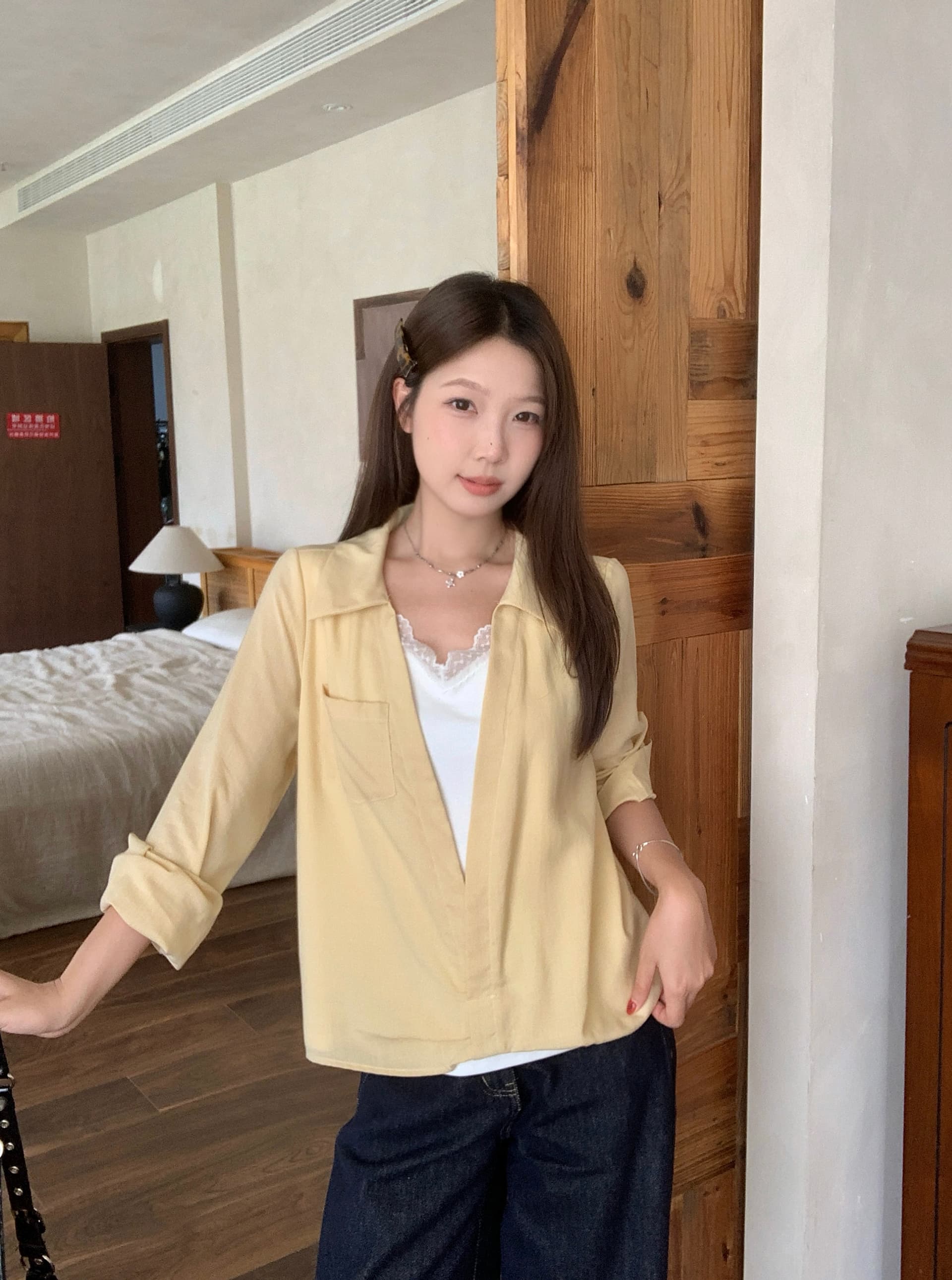 실사 2026 가을 새로운 지방 mm 빅 사이즈 패치워크 레이스 페이크 레이어드 긴팔 셔츠 디자인 센스 출퇴근 맨위 이미지 4