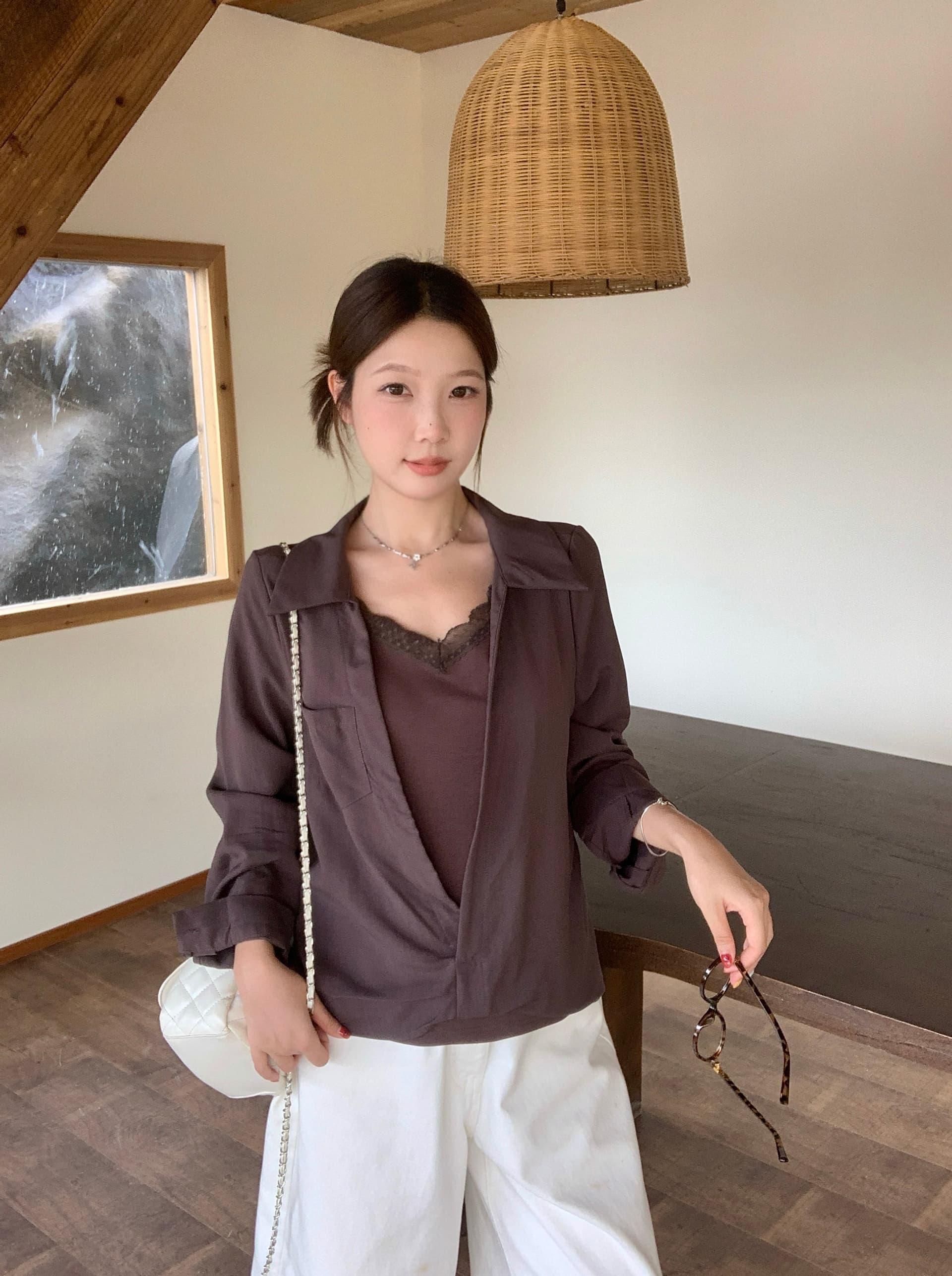 실사 2026 가을 새로운 지방 mm 빅 사이즈 패치워크 레이스 페이크 레이어드 긴팔 셔츠 디자인 센스 출퇴근 맨위 상세 이미지 7