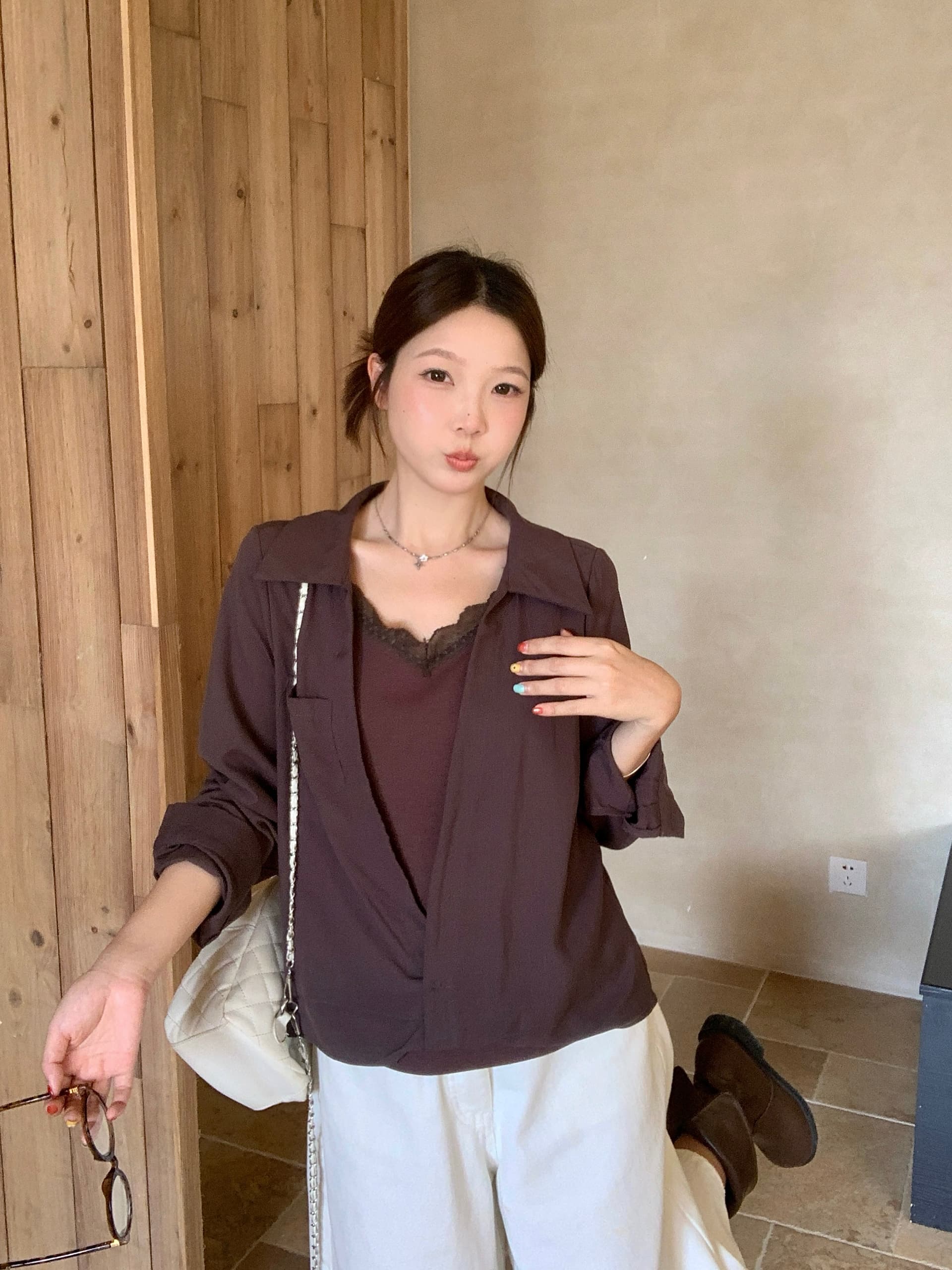 실사 2026 가을 새로운 지방 mm 빅 사이즈 패치워크 레이스 페이크 레이어드 긴팔 셔츠 디자인 센스 출퇴근 맨위 상세 이미지 10