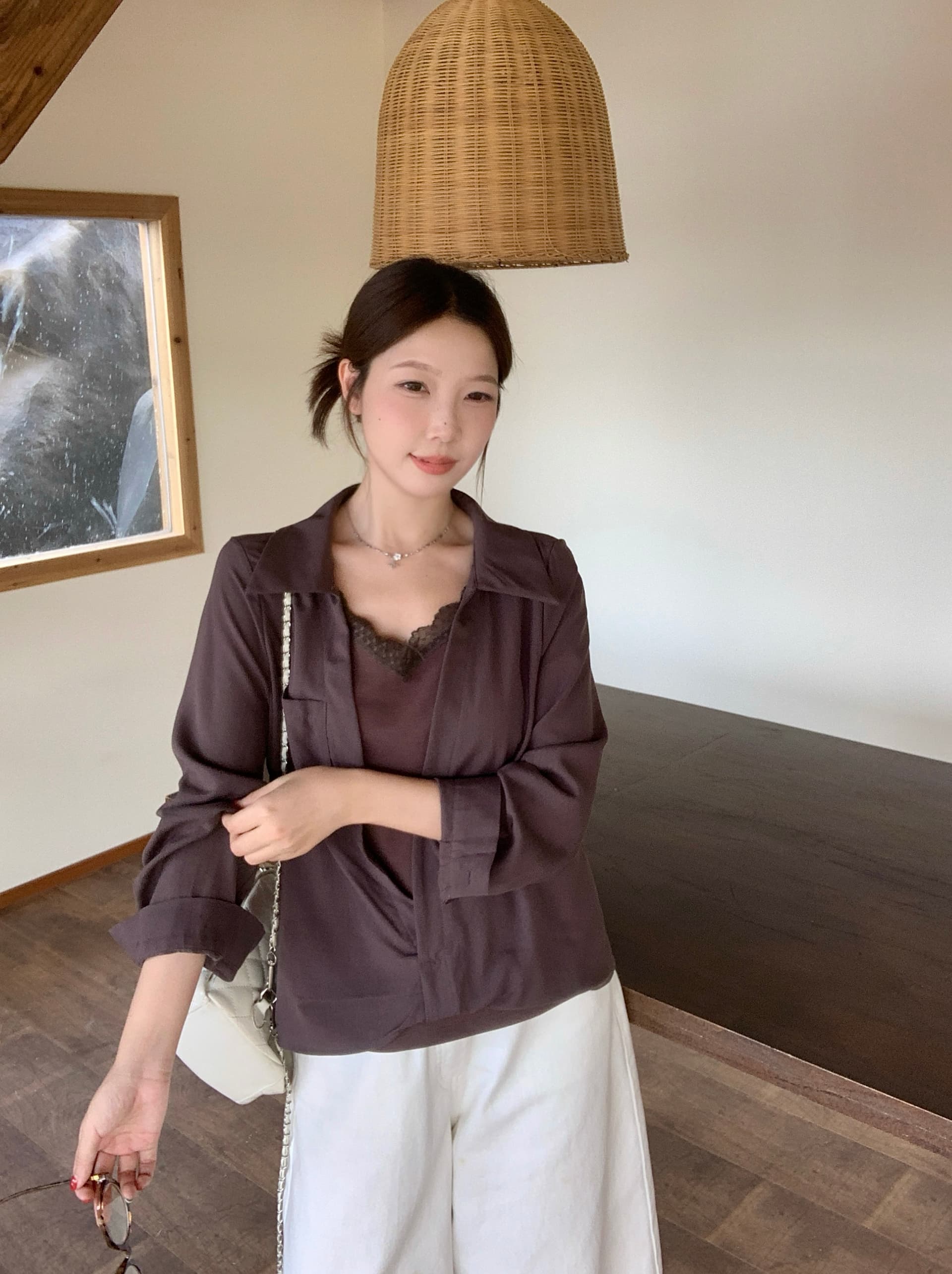 실사 2026 가을 새로운 지방 mm 빅 사이즈 패치워크 레이스 페이크 레이어드 긴팔 셔츠 디자인 센스 출퇴근 맨위 상세 이미지 11