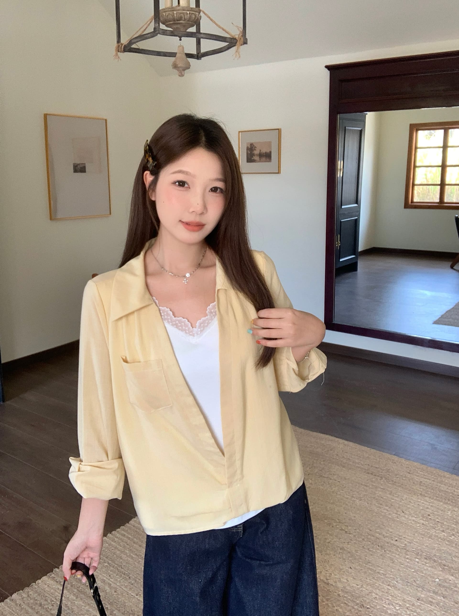 실사 2026 가을 새로운 지방 mm 빅 사이즈 패치워크 레이스 페이크 레이어드 긴팔 셔츠 디자인 센스 출퇴근 맨위 상세 이미지 16
