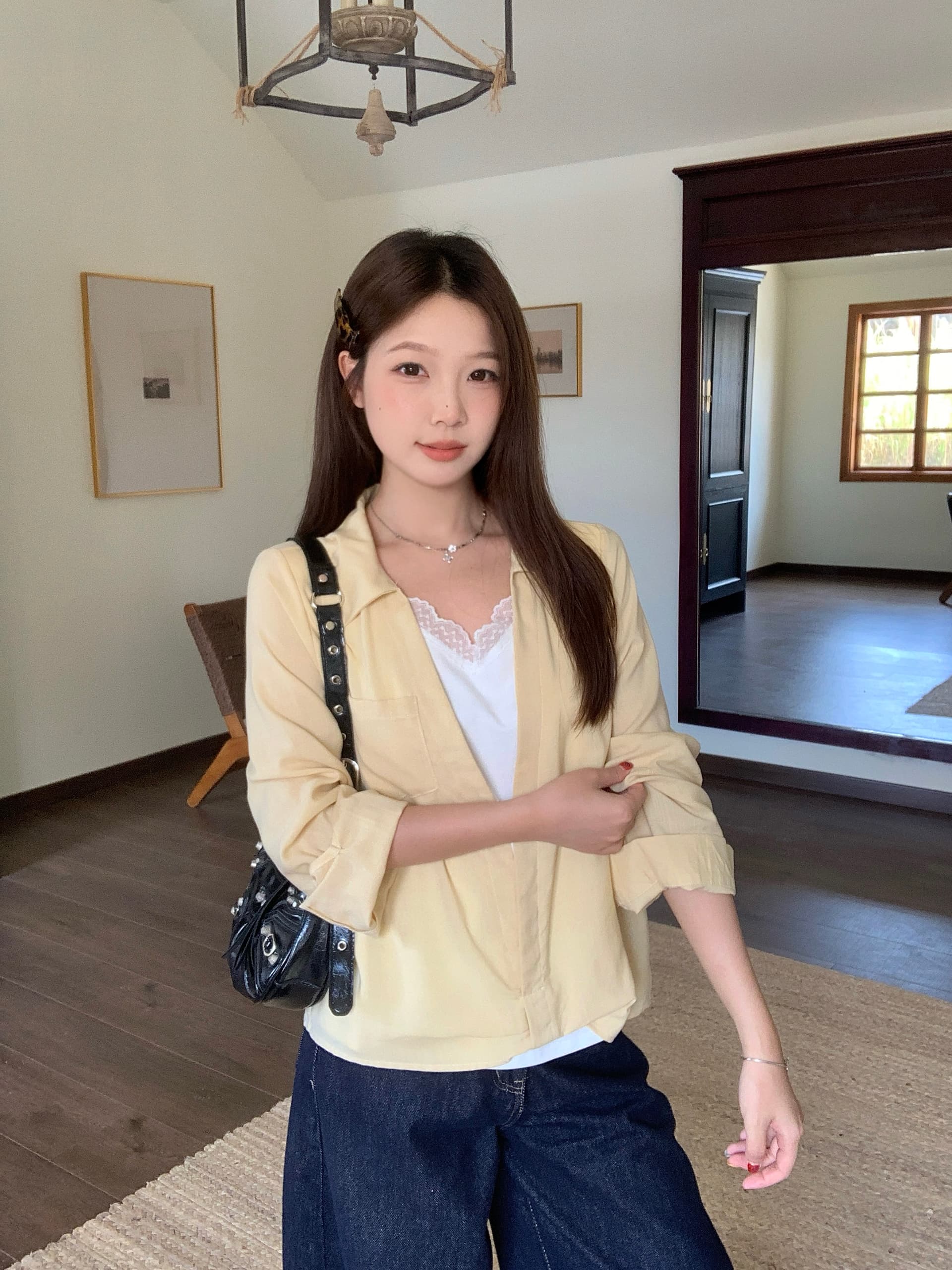 실사 2026 가을 새로운 지방 mm 빅 사이즈 패치워크 레이스 페이크 레이어드 긴팔 셔츠 디자인 센스 출퇴근 맨위 상세 이미지 17