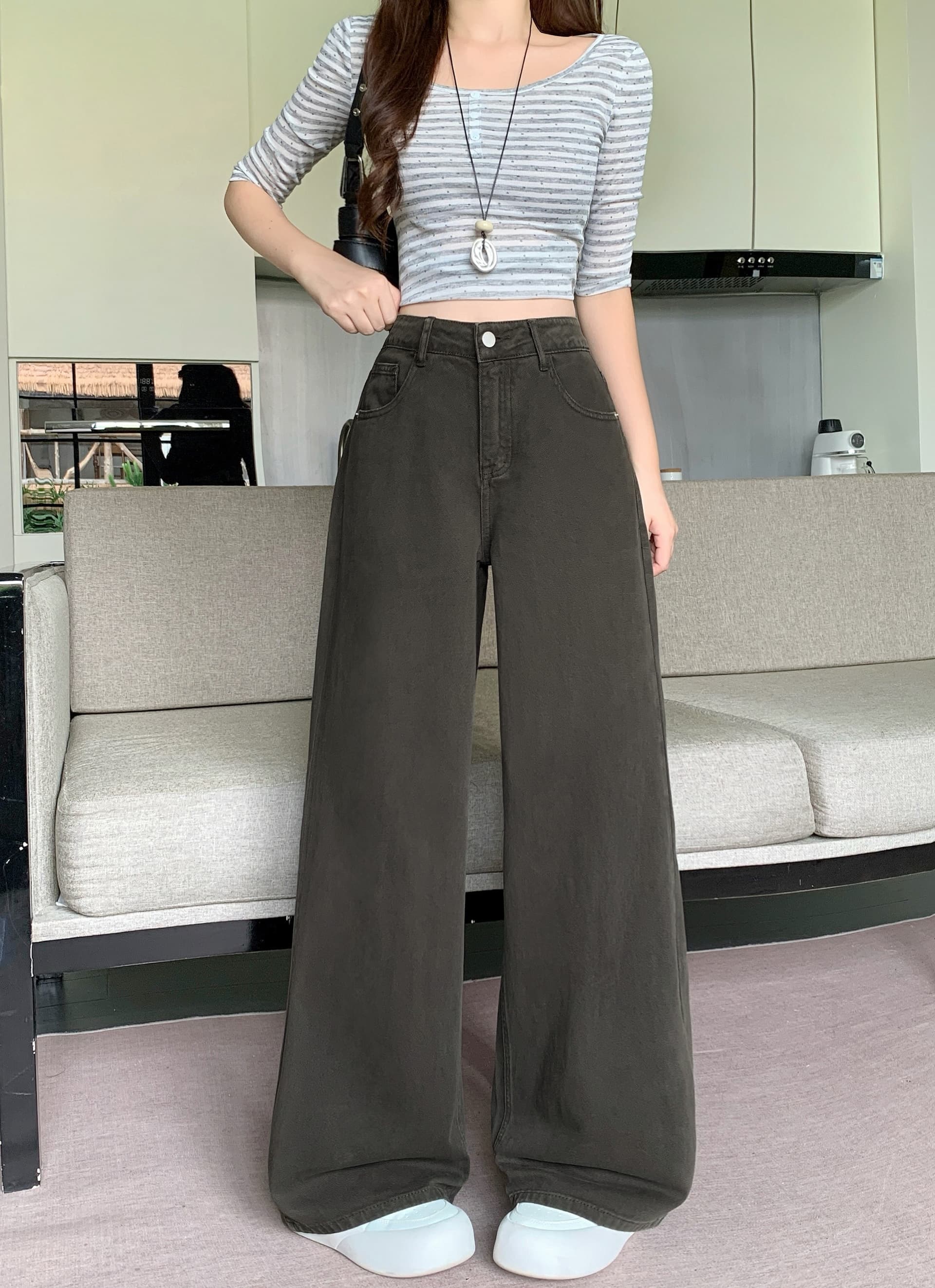 실사 2026 가을 의상 새로운 지방 mm 빅 사이즈 하이웨이스트 표지 넓적 다리 스트레이트 청바지 루즈핏 도루 센스 넓은 다리 바닥 청소 바지 상세 이미지 26