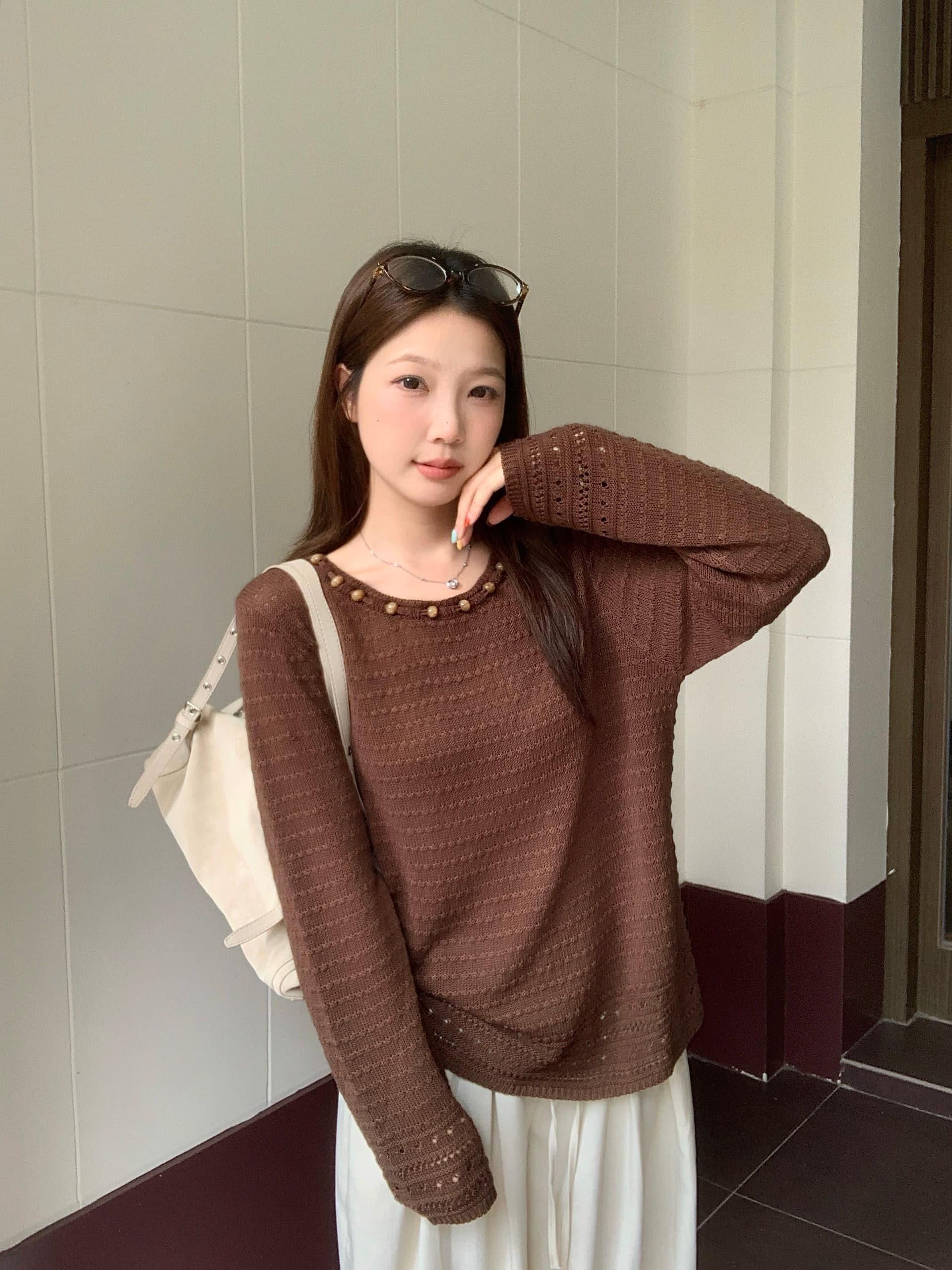 실사 2026 가을 의상 새로운 지방 mm 빅 사이즈 프랑스식 품격 홀로우 아웃 긴팔 니트 스웨터 디자인 센스 비즈 맨위 상세 이미지 14