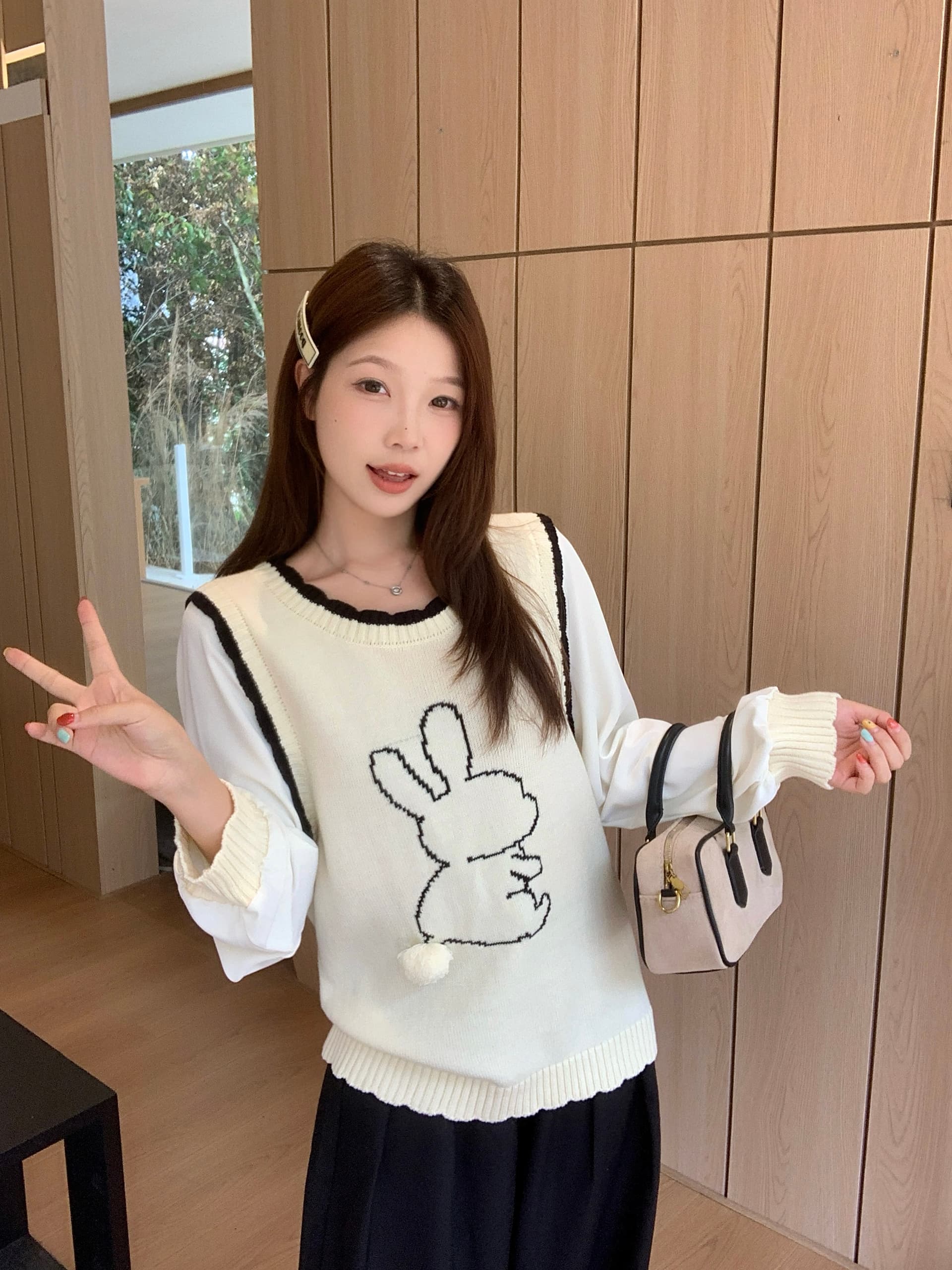 실사 2026 가을 의상 새로운 지방 mm 배색 레이스 페이크 레이어드 긴팔 니트 스웨터 맨위 만화 토끼 맨위 상세 이미지 16