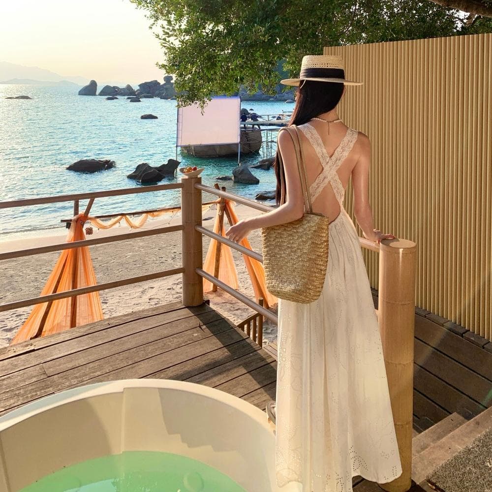 실사 레이스 십자가 허리 수축 백리스 여성 드레스 순수한 욕망 바람 화이트 자수 슬립 해변가 휴가 바람 롱 스커트 이미지 2