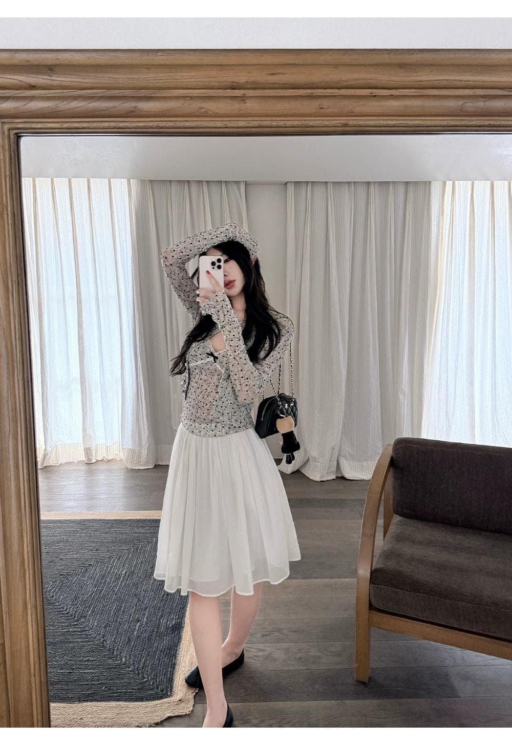 정가 감소되지 않음 순수한 욕망 한 부서 식물 플러시 여성 도트 무늬 슬립 오픈 가디건 투피스 세트 레이스 레이스 나비 매듭 맨위 이미지 3