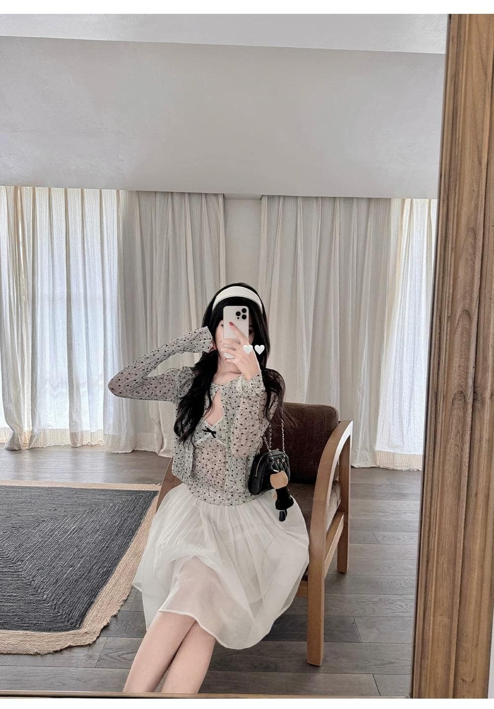 정가 감소되지 않음 순수한 욕망 한 부서 식물 플러시 여성 도트 무늬 슬립 오픈 가디건 투피스 세트 레이스 레이스 나비 매듭 맨위 이미지 2