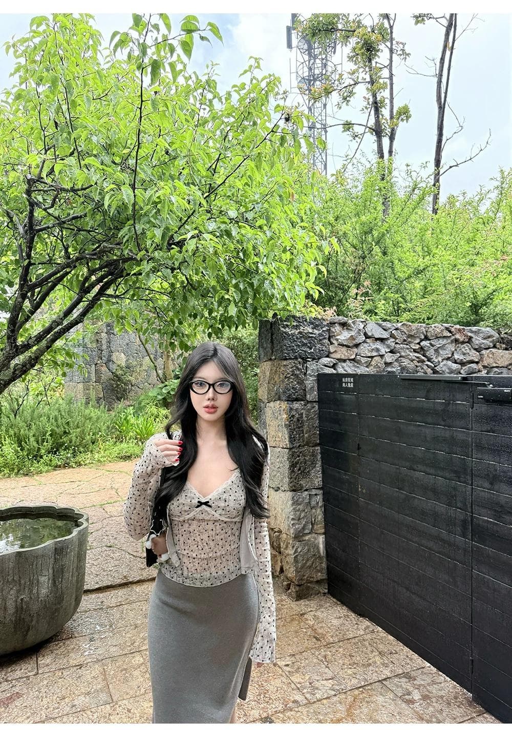 정가 감소되지 않음 순수한 욕망 한 부서 식물 플러시 여성 도트 무늬 슬립 오픈 가디건 투피스 세트 레이스 레이스 나비 매듭 맨위 상세 이미지 1