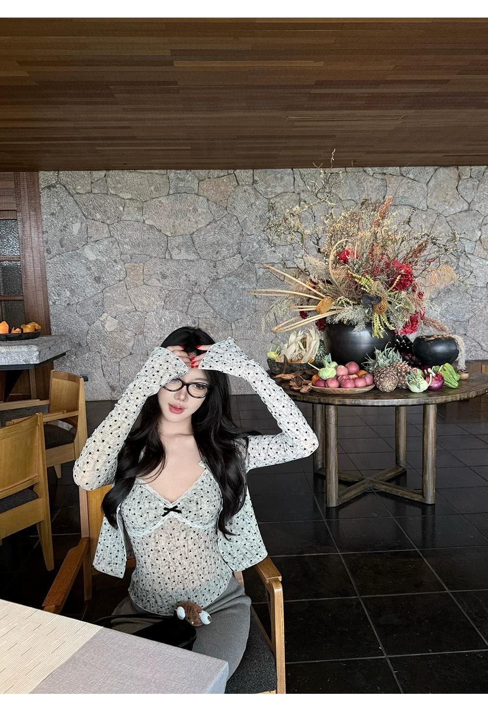 정가 감소되지 않음 순수한 욕망 한 부서 식물 플러시 여성 도트 무늬 슬립 오픈 가디건 투피스 세트 레이스 레이스 나비 매듭 맨위 상세 이미지 2