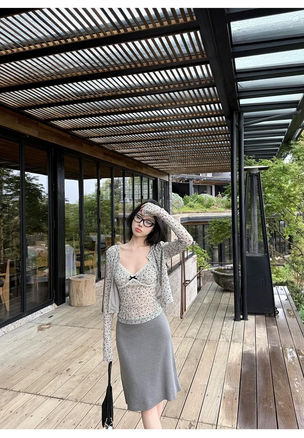 정가 감소되지 않음 순수한 욕망 한 부서 식물 플러시 여성 도트 무늬 슬립 오픈 가디건 투피스 세트 레이스 레이스 나비 매듭 맨위 상세 이미지 5