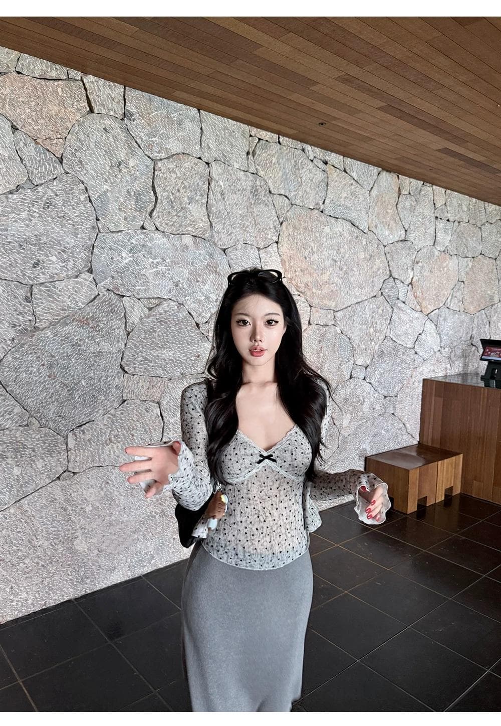 정가 감소되지 않음 순수한 욕망 한 부서 식물 플러시 여성 도트 무늬 슬립 오픈 가디건 투피스 세트 레이스 레이스 나비 매듭 맨위 상세 이미지 9