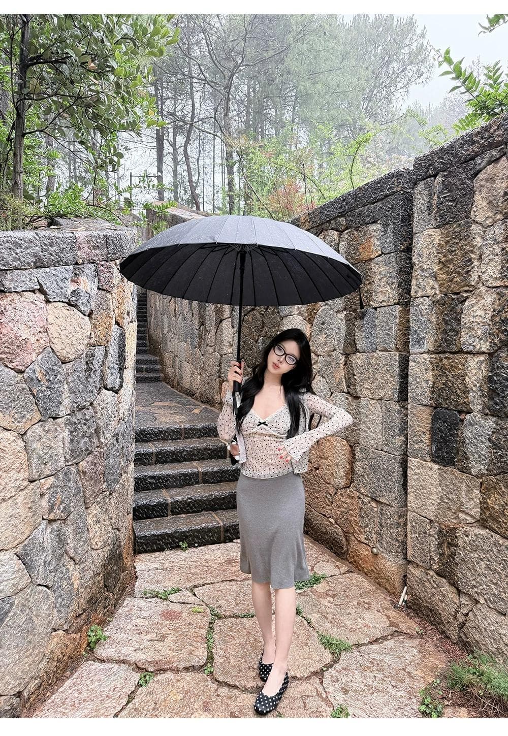 정가 감소되지 않음 순수한 욕망 한 부서 식물 플러시 여성 도트 무늬 슬립 오픈 가디건 투피스 세트 레이스 레이스 나비 매듭 맨위 상세 이미지 13