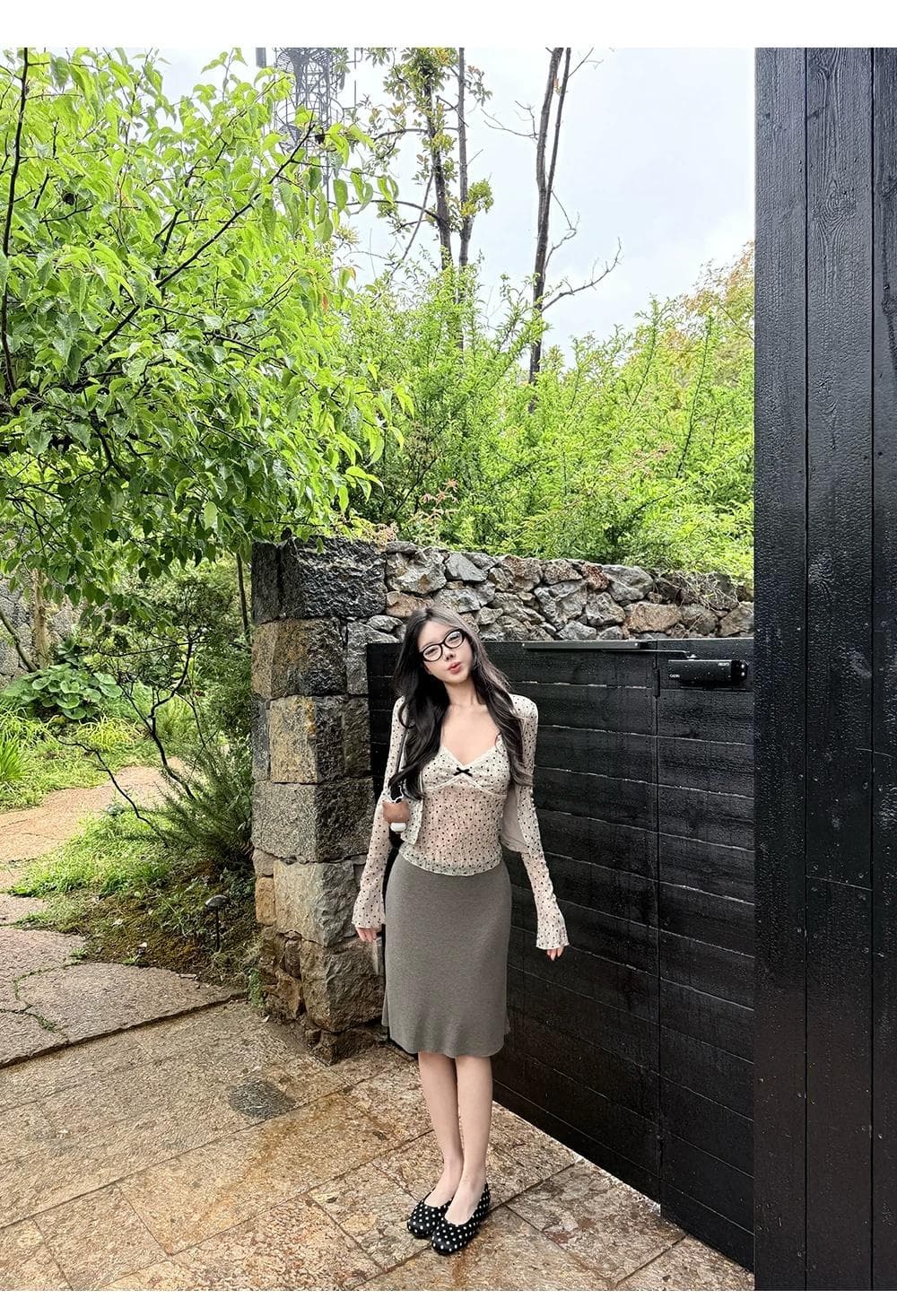 정가 감소되지 않음 순수한 욕망 한 부서 식물 플러시 여성 도트 무늬 슬립 오픈 가디건 투피스 세트 레이스 레이스 나비 매듭 맨위 상세 이미지 14