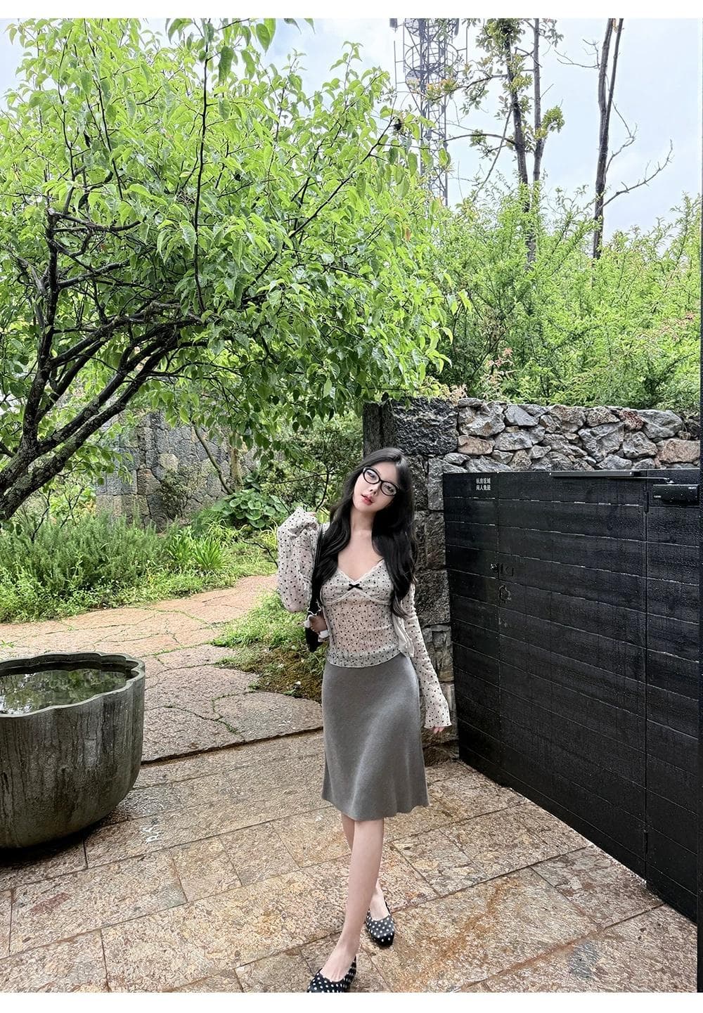 정가 감소되지 않음 순수한 욕망 한 부서 식물 플러시 여성 도트 무늬 슬립 오픈 가디건 투피스 세트 레이스 레이스 나비 매듭 맨위 상세 이미지 15