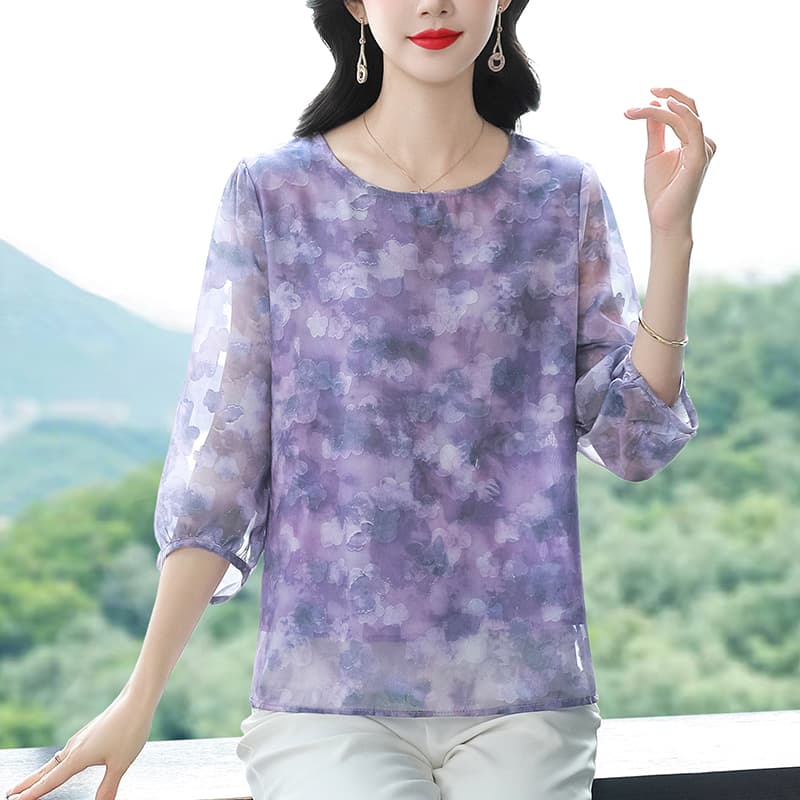 여름 새로운 7부 소매 외국 가스 슬림해 보이는 쉬폰 블라우스 라운드 넥 시뮬레이션 실크 자카드 티셔츠 여성 모방 뽕나무 누에 실크 맨위 여성 이미지 3