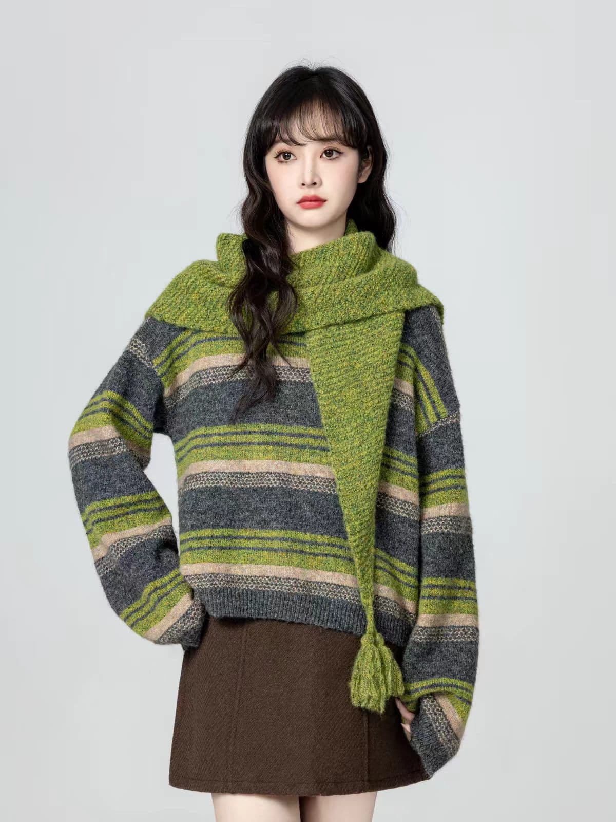 녹색 스트라이프 라운드 넥 스웨터 여자 가을 겨울 2026 겨울 새로운 루즈핏 두꺼운 스카프 니트 스웨터 쇼트 스타일 맨위 상세 이미지 5