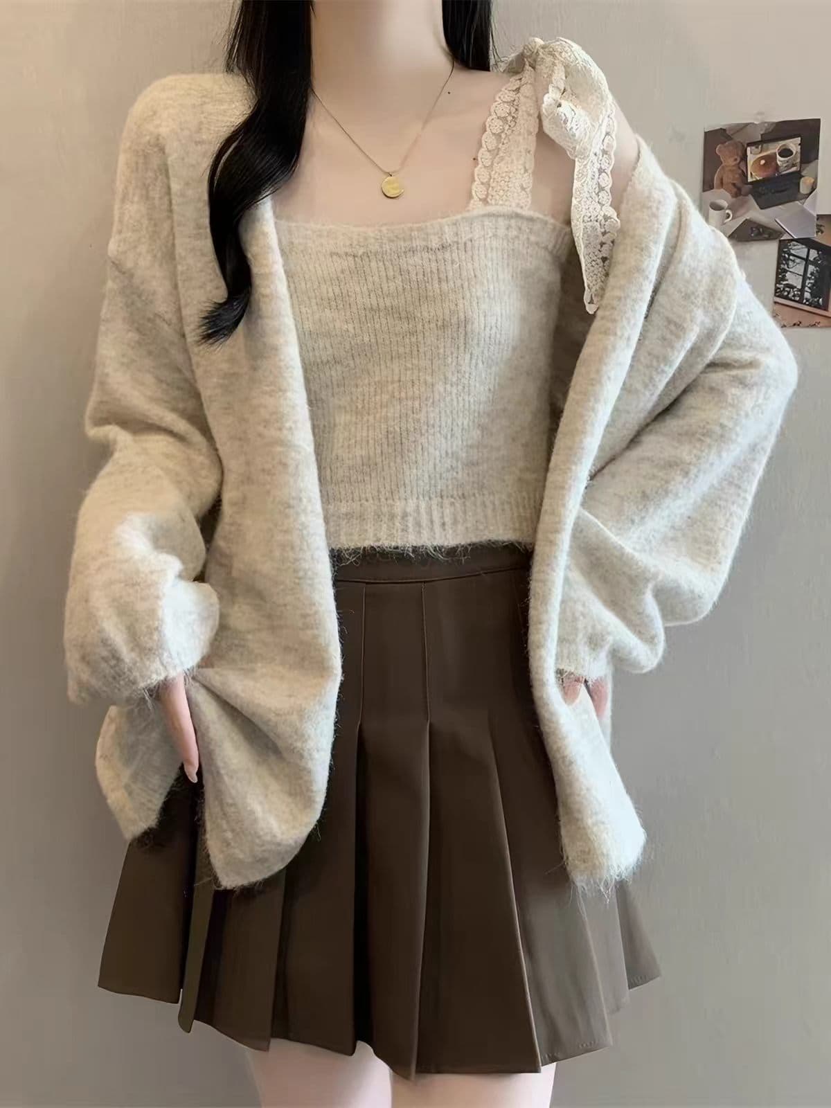 한 부서 이른 가을 착용 가져 가라. 전체 집합 작은 샤넬 스타일 보라색 스웨터 오픈 가디건 레이스 레이스업 캐미솔 투피스 슈트 이미지 4