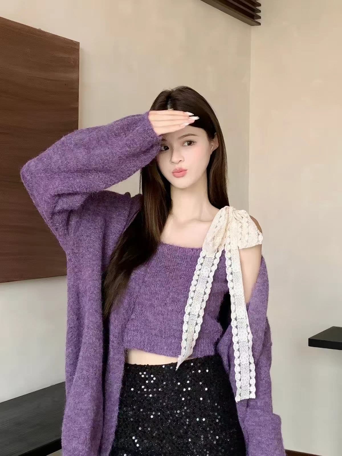 한 부서 이른 가을 착용 가져 가라. 전체 집합 작은 샤넬 스타일 보라색 스웨터 오픈 가디건 레이스 레이스업 캐미솔 투피스 슈트 상세 이미지 1
