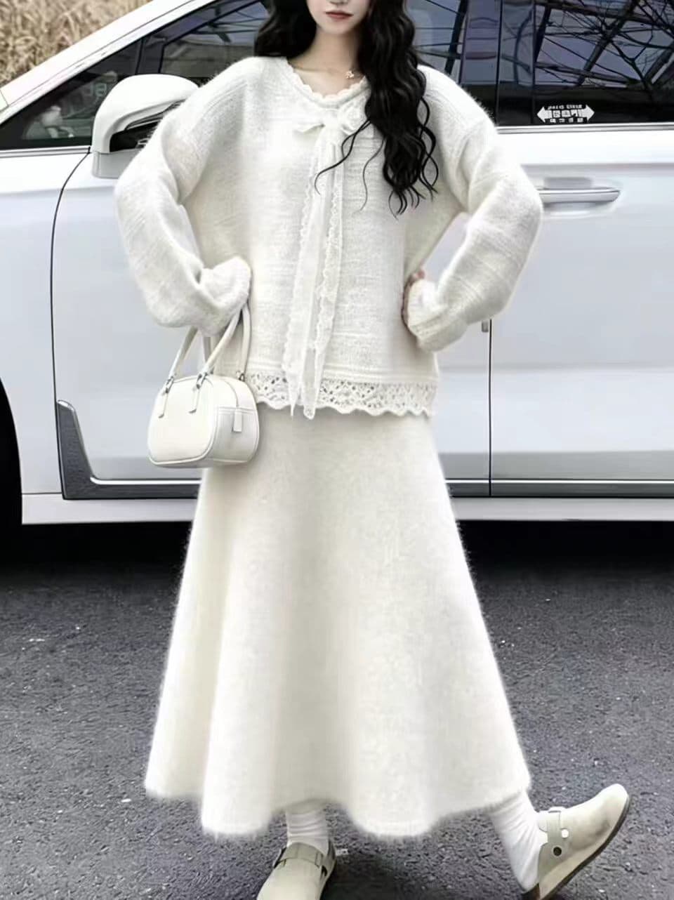 소금 달콤한 부서 착용 가져 가라. 연령 감소 레이스 나비 매듭 스웨터 니트 맨위 느긋한 바람 캐주얼 반신 스커트 투피스 세트 이미지 4