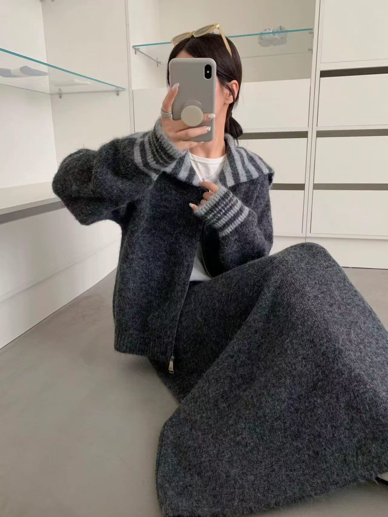 해군 칼라 더블 지퍼 니트 오픈 가디건 여성 가을 겨울 루즈핏 분위기 센스 스웨터 투피스 드레스 상세 이미지 6