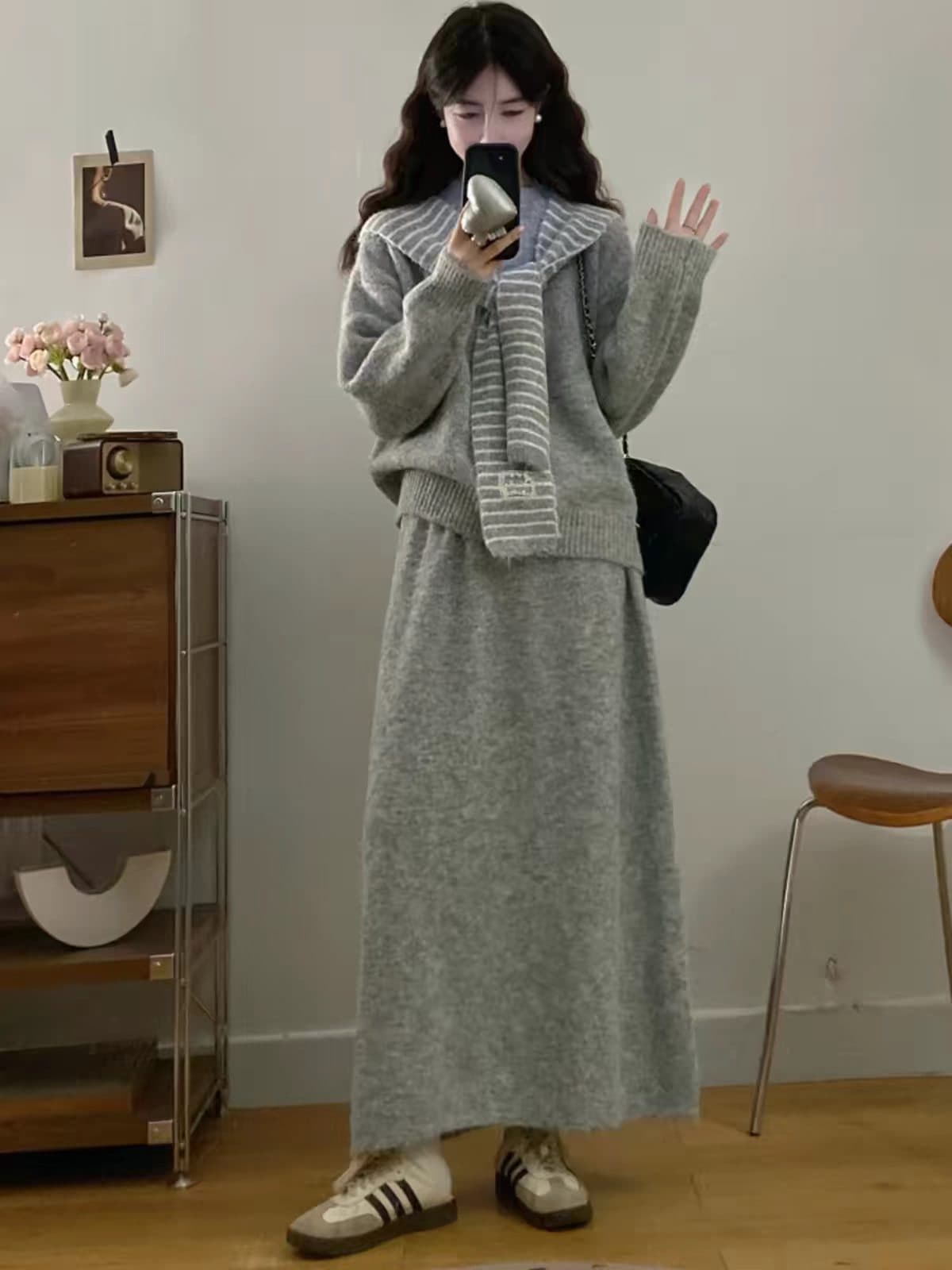2026 가을 겨울철 슈퍼 화재 코디 전체 집합 한 부서 스트라이프 숄 회색 스웨터 두 조각 세트 드레스 이미지 4