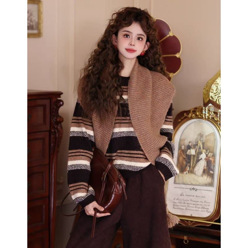 녹색 스트라이프 라운드 넥 스웨터 여자 가을 겨울 2026 겨울 새로운 루즈핏 두꺼운 스카프 니트 스웨터 쇼트 스타일 맨위 상세 이미지 1