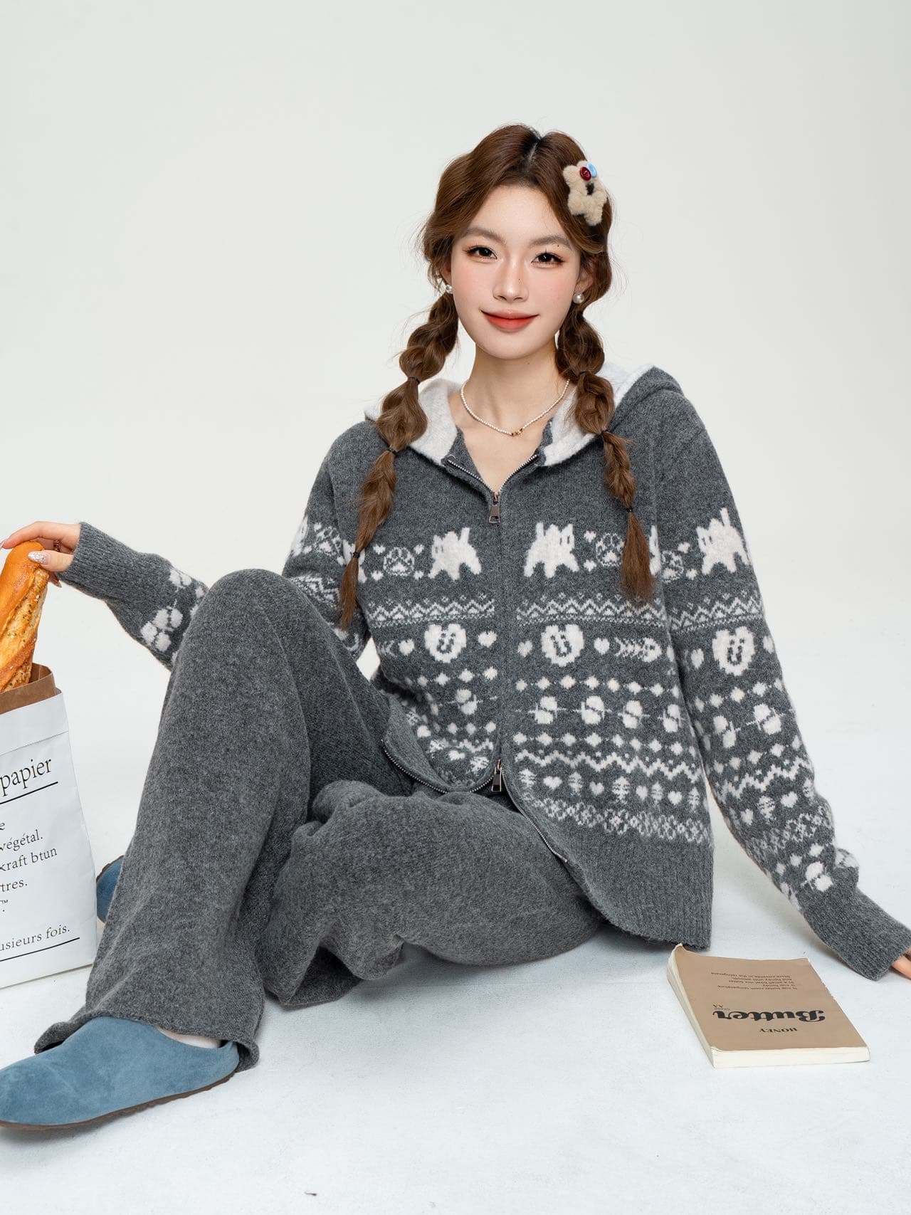 지퍼 후드 새로운 패션 니트 양모 얕은 폴로 칼라 가을 겨울 루즈핏 재킷 와이드 레그 팬츠 투피스 슈트 여성 상세 이미지 4