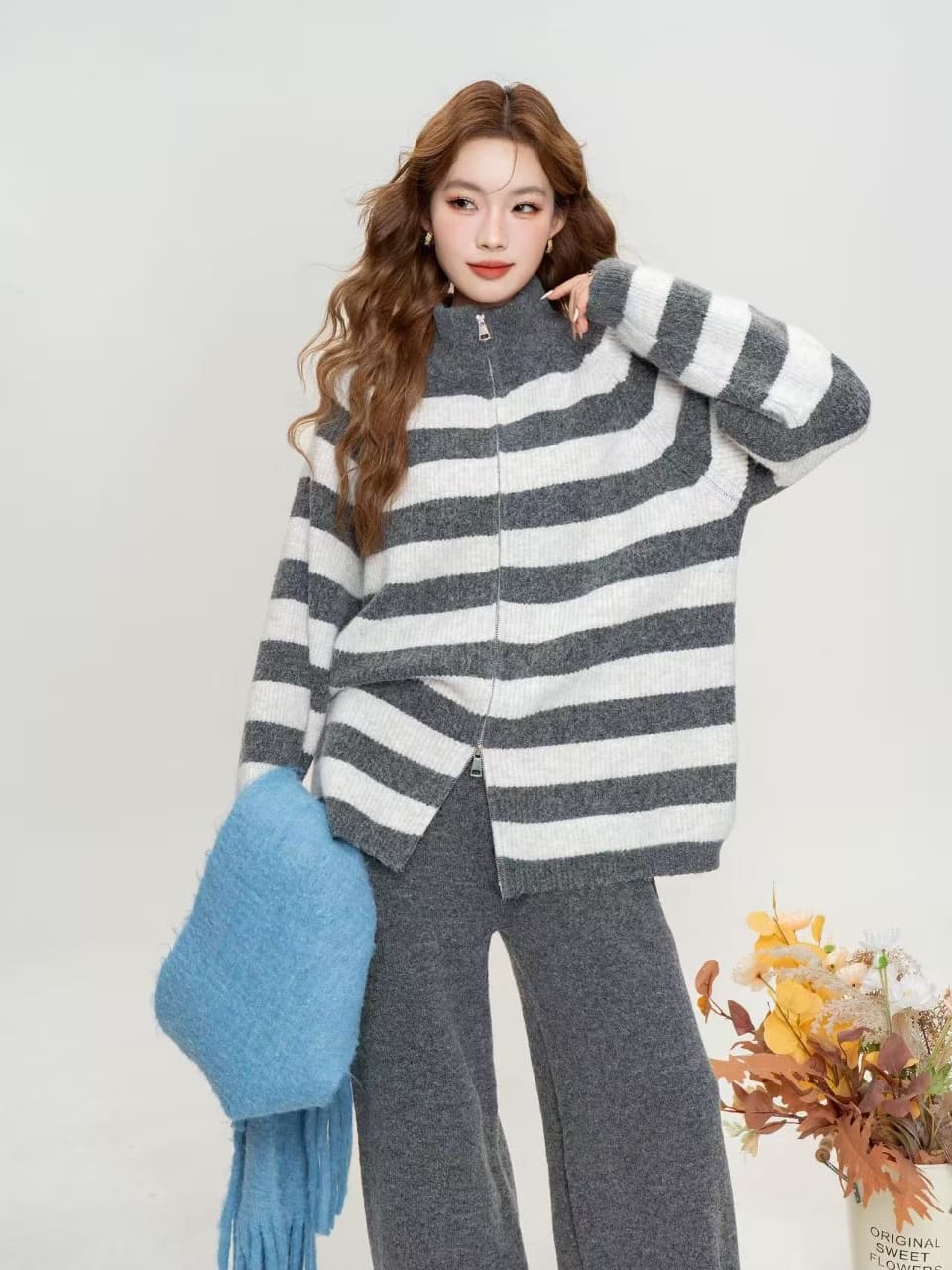 느긋한 바람 루즈핏 수직 칼라 스트라이프 스웨터 가을 겨울 새로운 세트 캐주얼 루즈핏 니트 스웨터 두꺼운 스타일 세트 이미지 3