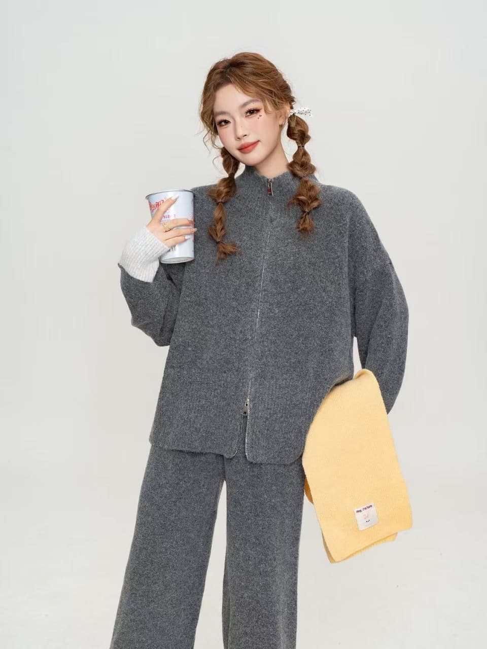느긋한 바람 캐주얼 전체 집합 여성 의류 가을 겨울 새로운 루즈핏 스웨터 니트 오픈 가디건 와이드 레그 팬츠 투피스 세트 이미지 2