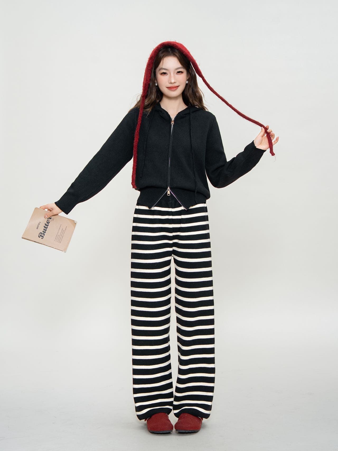 한 부서 느긋한 바람 디자인 센스 작은 대중 후드 지퍼 모직물 재킷 스트라이프 와이드 레그 팬츠 캐주얼 가을 겨울 세트 상세 이미지 6