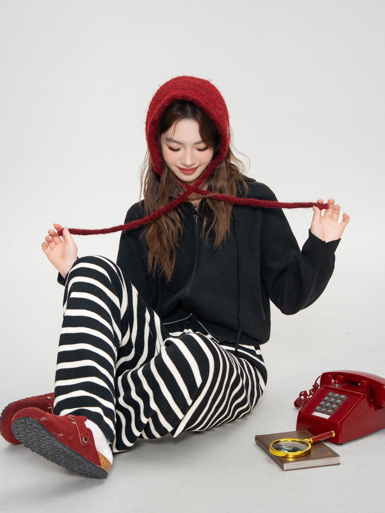 한 부서 느긋한 바람 디자인 센스 작은 대중 후드 지퍼 모직물 재킷 스트라이프 와이드 레그 팬츠 캐주얼 가을 겨울 세트 상세 이미지 8
