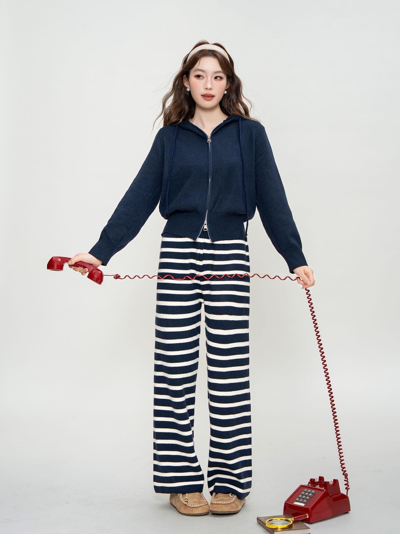 한 부서 느긋한 바람 디자인 센스 작은 대중 후드 지퍼 모직물 재킷 스트라이프 와이드 레그 팬츠 캐주얼 가을 겨울 세트 상세 이미지 10