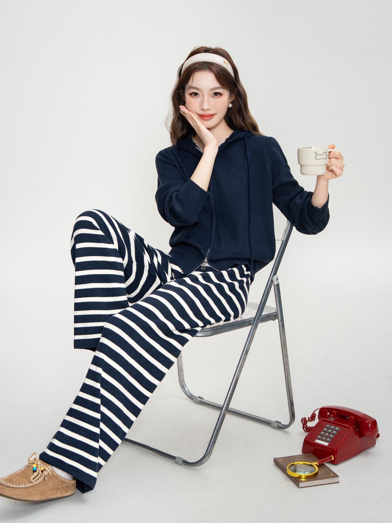 한 부서 느긋한 바람 디자인 센스 작은 대중 후드 지퍼 모직물 재킷 스트라이프 와이드 레그 팬츠 캐주얼 가을 겨울 세트 상세 이미지 12