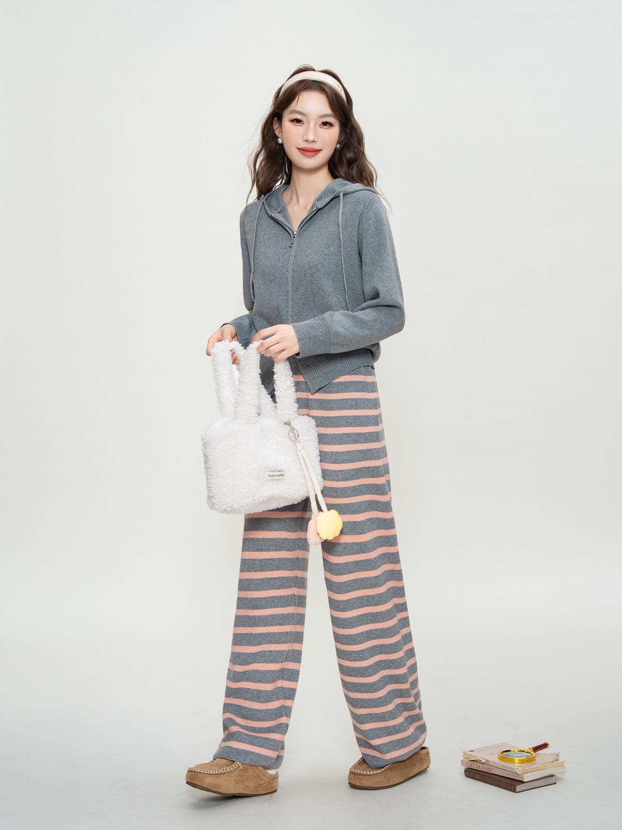 한 부서 느긋한 바람 디자인 센스 작은 대중 후드 지퍼 모직물 재킷 스트라이프 와이드 레그 팬츠 캐주얼 가을 겨울 세트 상세 이미지 15