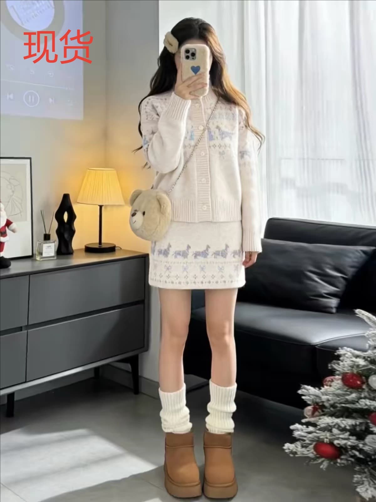 폴로 칼라 레트로 자카드 스웨터 세트 여성 새로운 가을 겨울 홍콩 느낌 chic 느긋한 맨위 반신 스커트 투피스 세트 트렌디